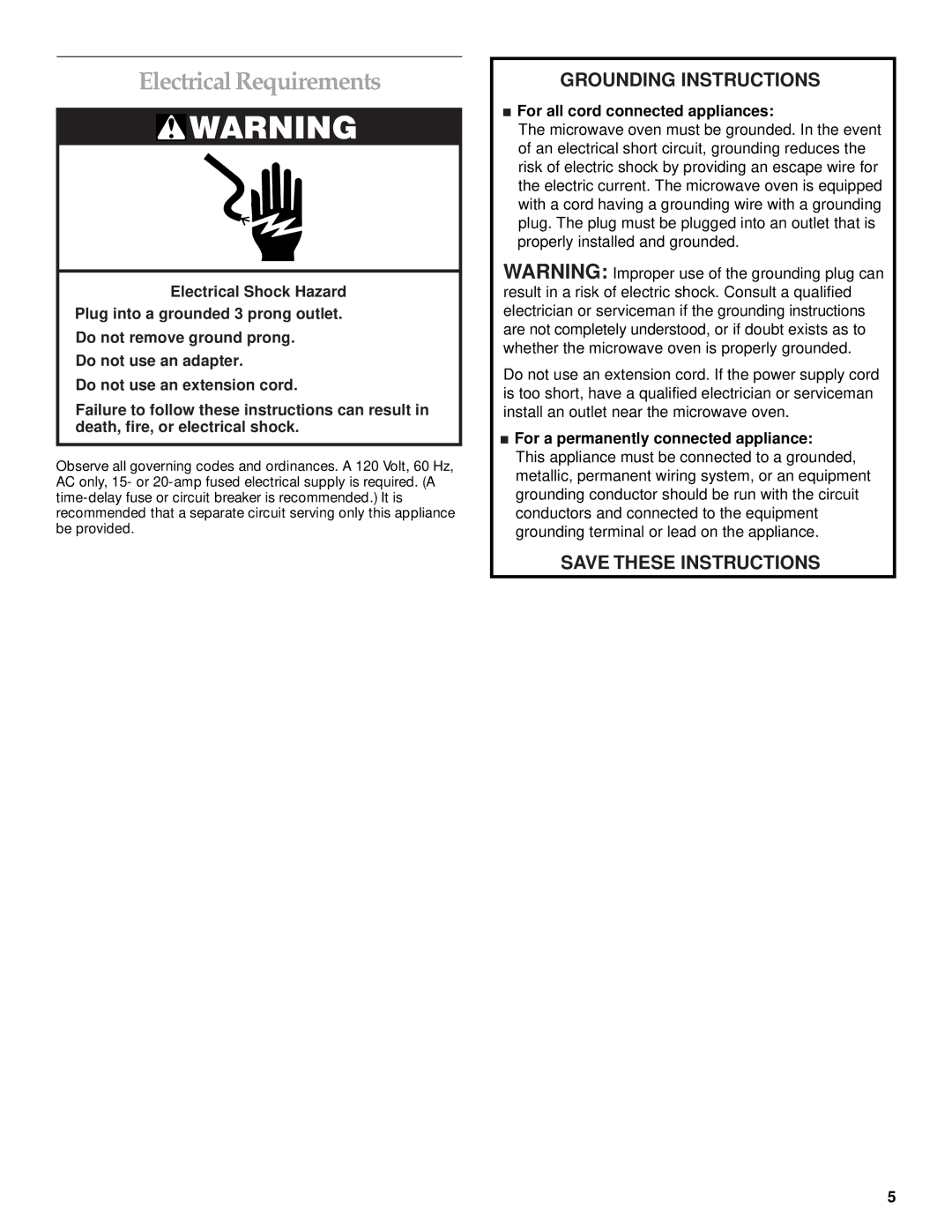 KitchenAid KHMS145KSS manual Electrical Requirements, Grounding Instructions 