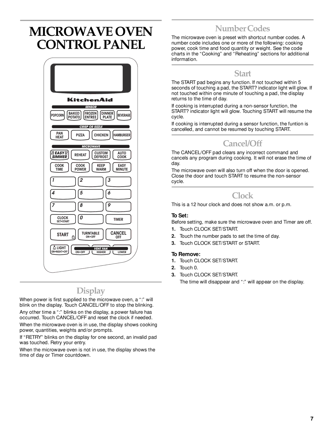 KitchenAid KHMS145KSS manual Microwave Oven Control Panel 