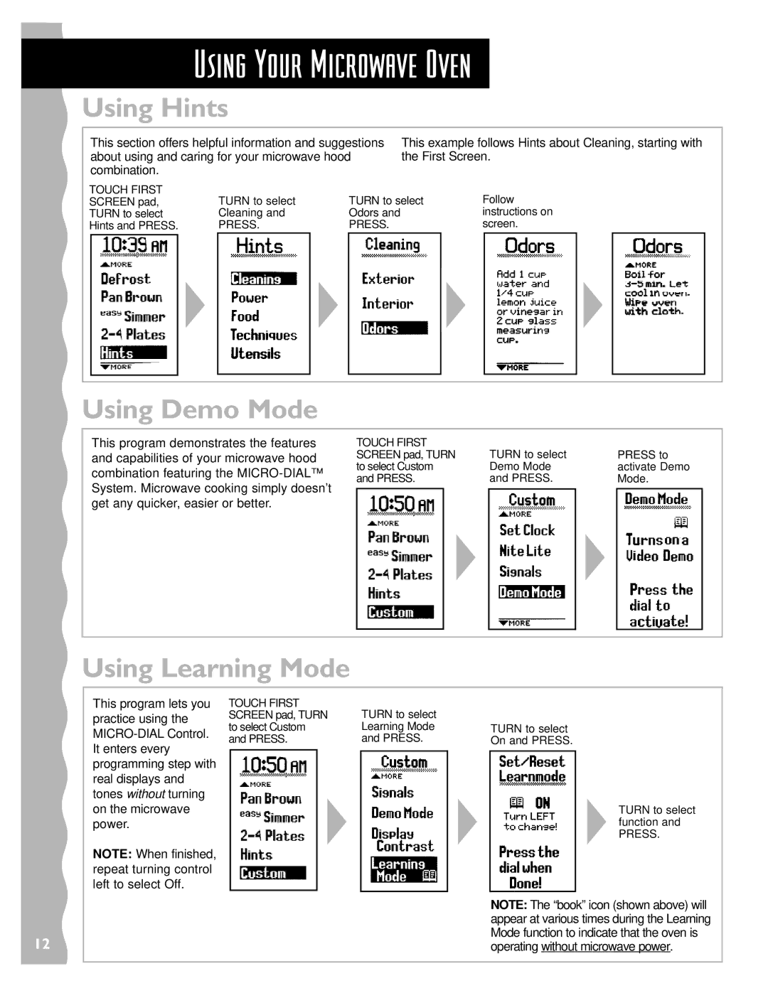 KitchenAid KHMS147HWH, KHMS147HBK, KHMS147HBT installation instructions Using Hints, Using Demo Mode, Using Learning Mode 