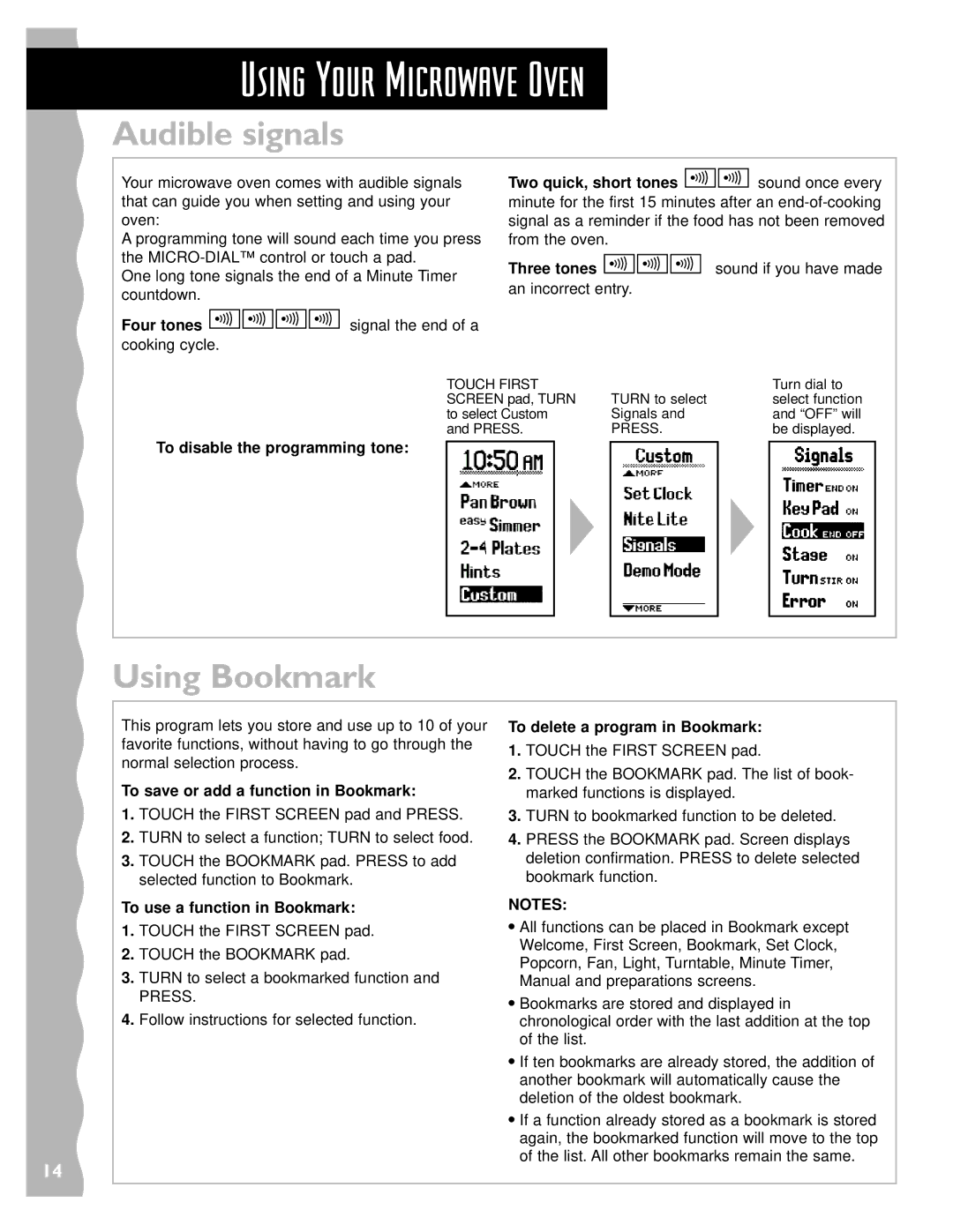 KitchenAid KHMS147HBK, KHMS147HWH, KHMS147HBT installation instructions Audible signals, Using Bookmark 