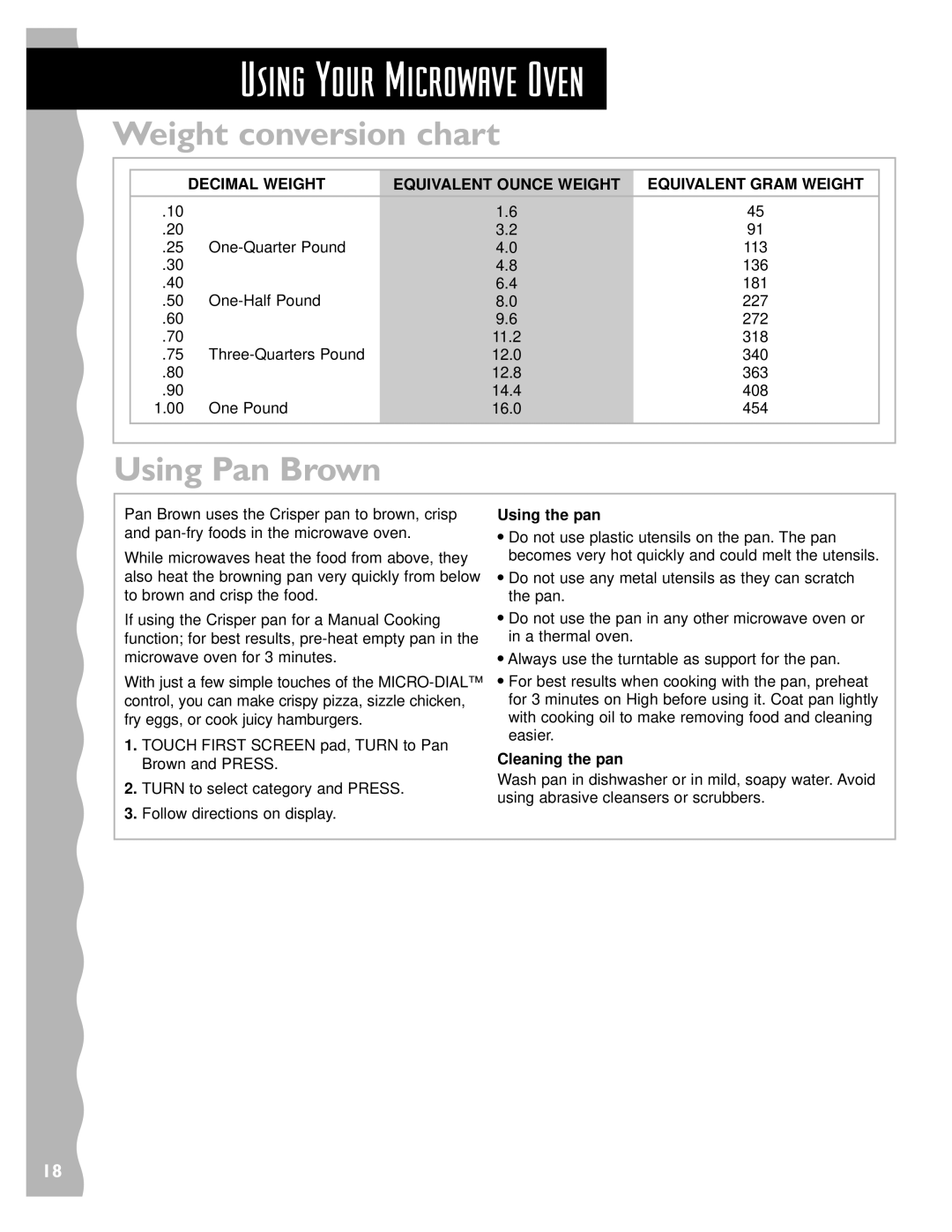 KitchenAid KHMS147HBK, KHMS147HWH, KHMS147HBT Weight conversion chart, Using the pan, Cleaning the pan 