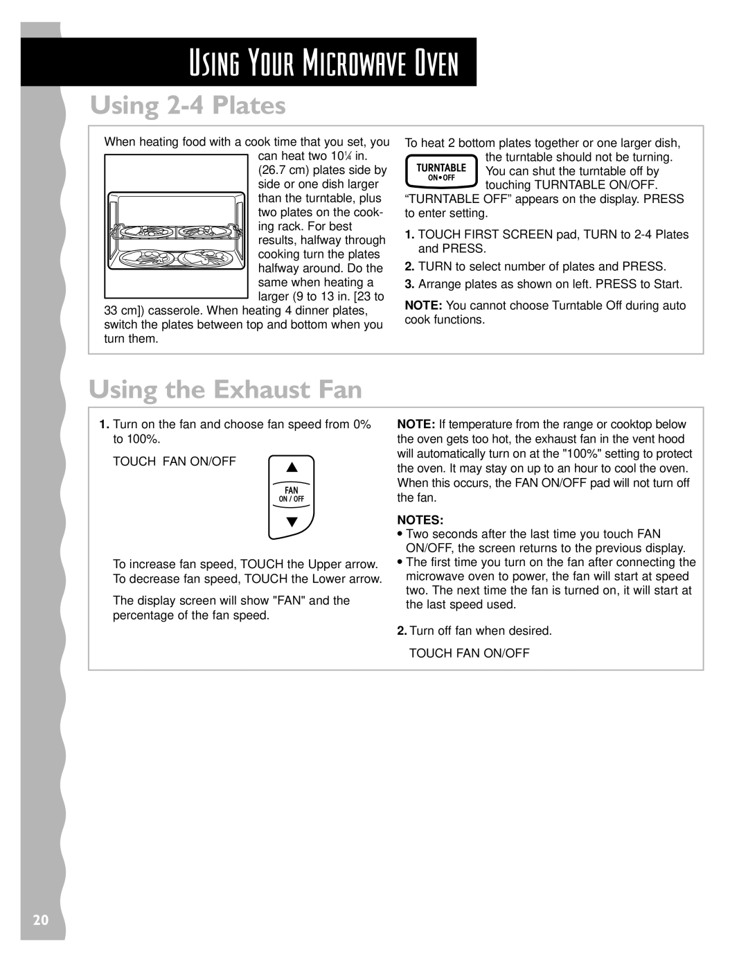 KitchenAid KHMS147HWH, KHMS147HBK, KHMS147HBT installation instructions Using 2-4 Plates, Using the Exhaust Fan 