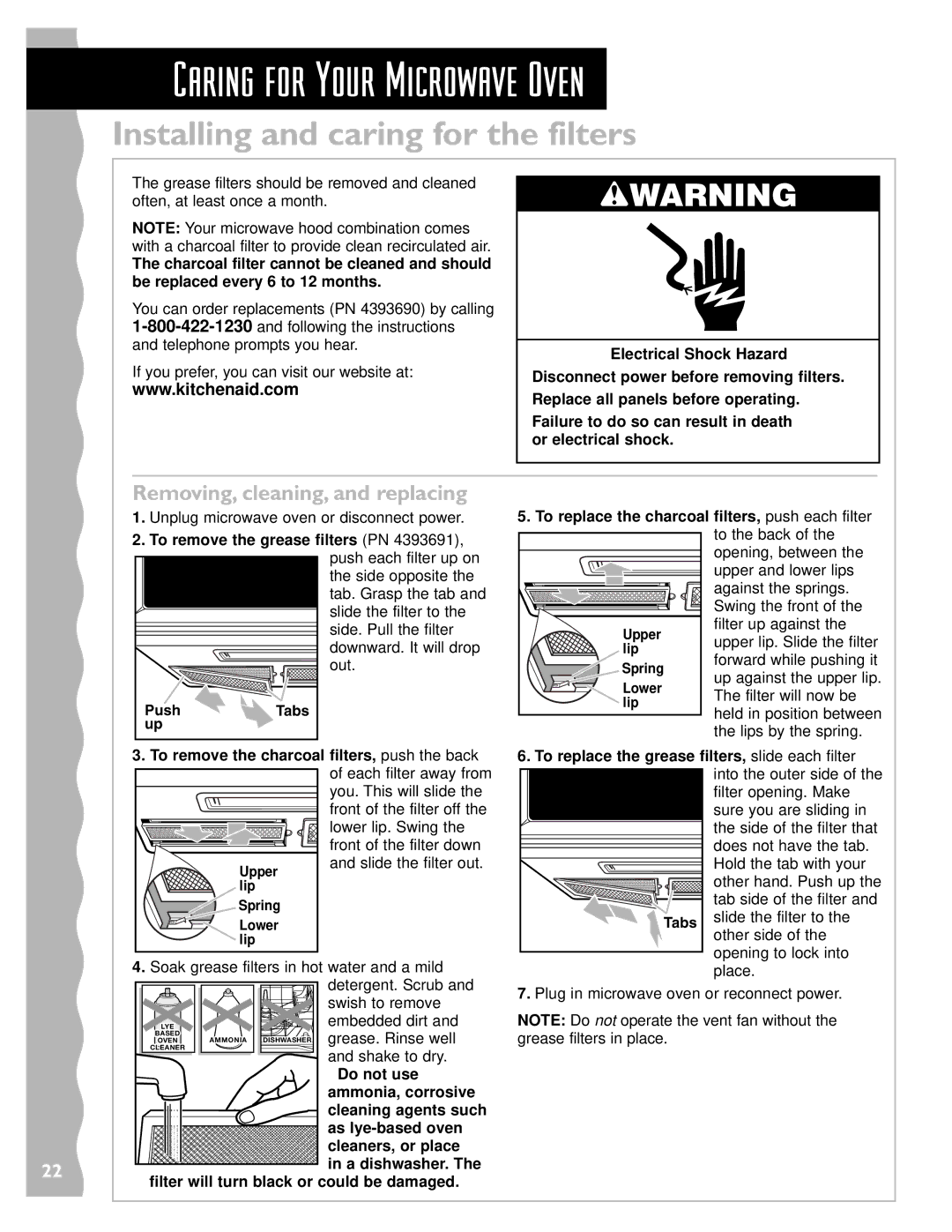 KitchenAid KHMS147HBK, KHMS147HWH, KHMS147HBT Caring for Your Microwave Oven, Installing and caring for the filters 