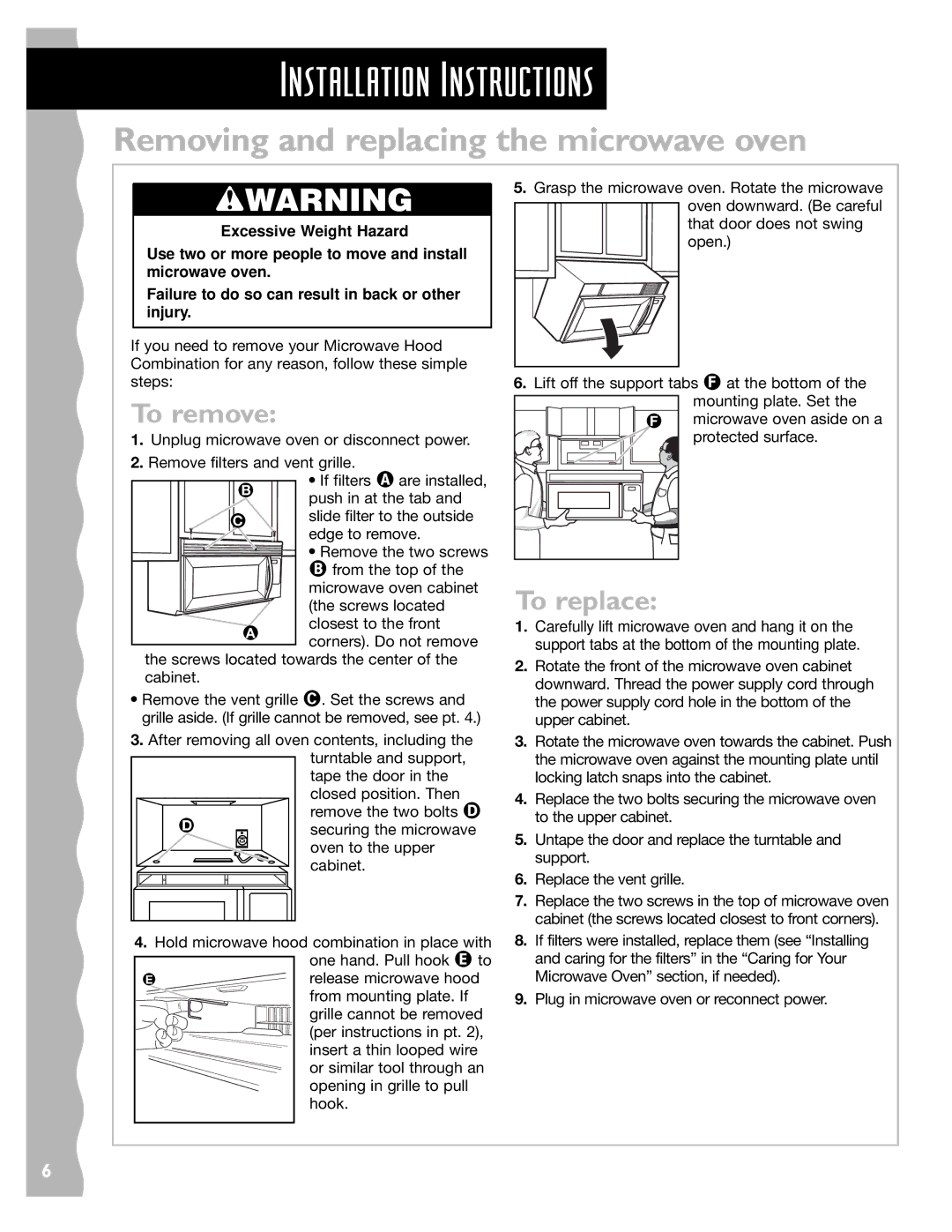 KitchenAid KHMS147HBK, KHMS147HWH, KHMS147HBT Installation Instructions, Removing and replacing the microwave oven 