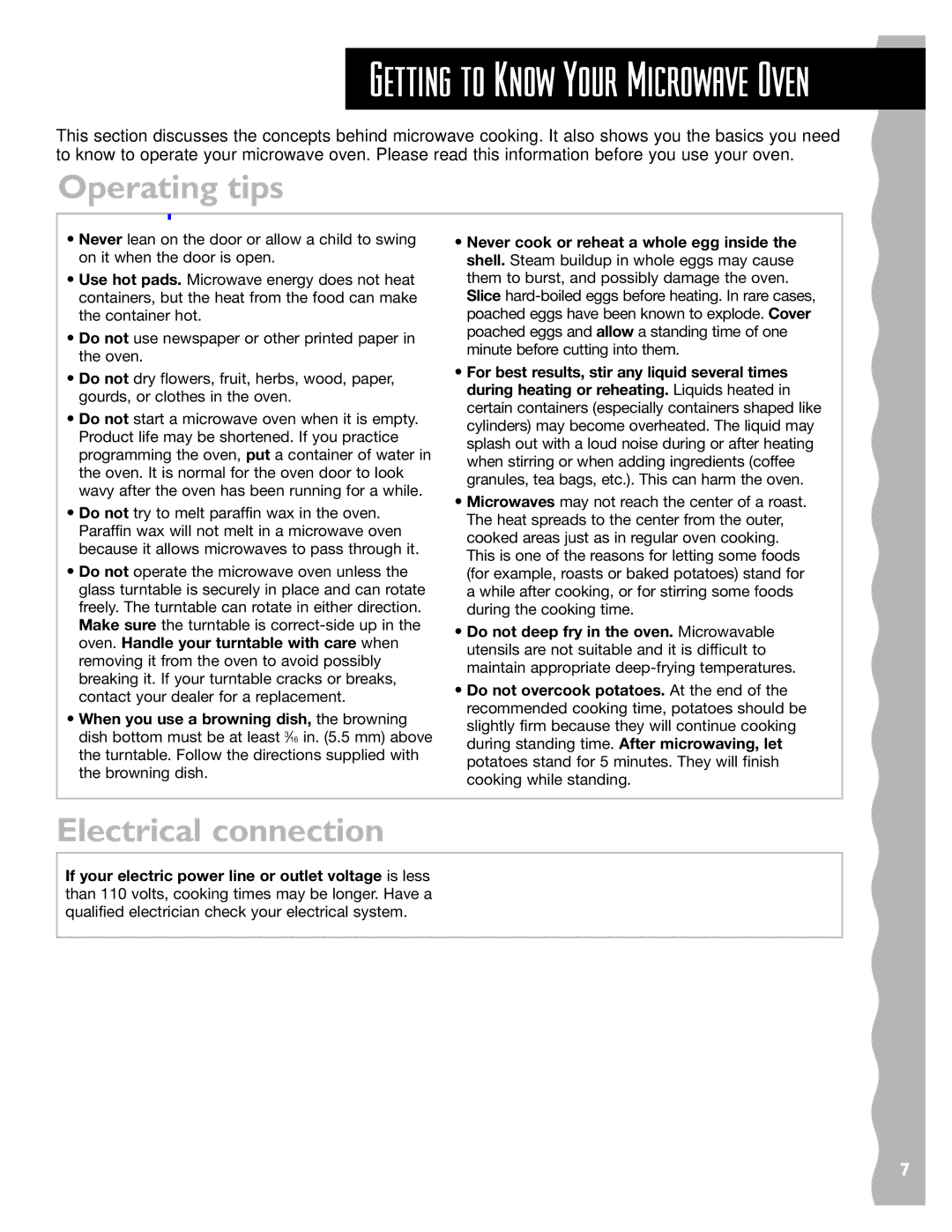 KitchenAid KHMS147HBT, KHMS147HWH, KHMS147HBK installation instructions Operating tips, Electrical connection 