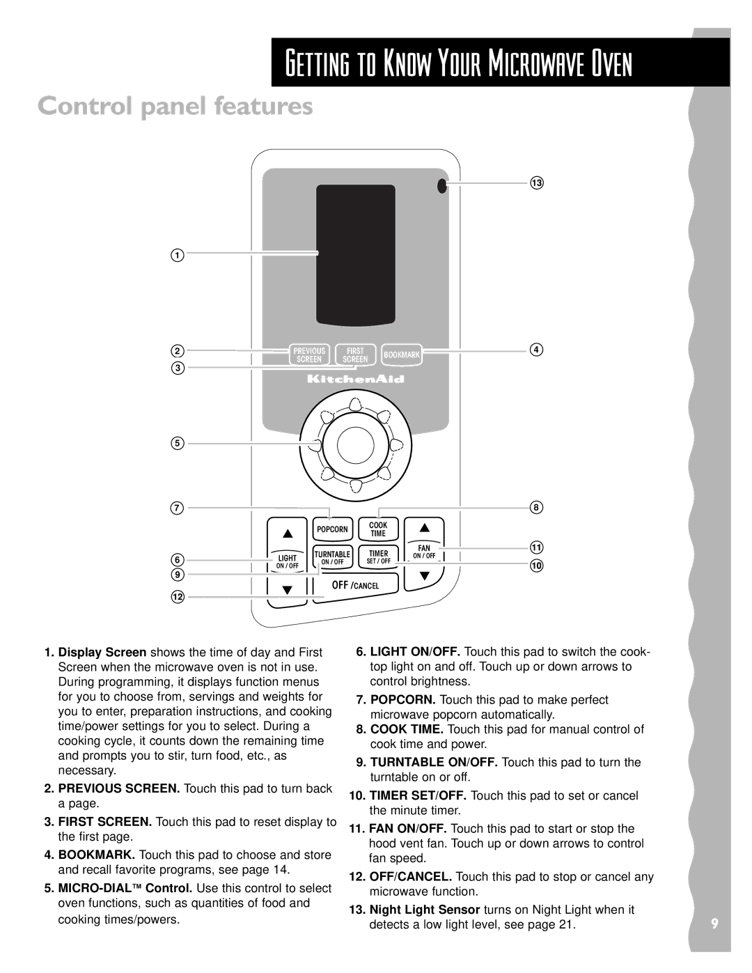 KitchenAid KHMS147HWH, KHMS147HBK, KHMS147HBT installation instructions Control panel features 