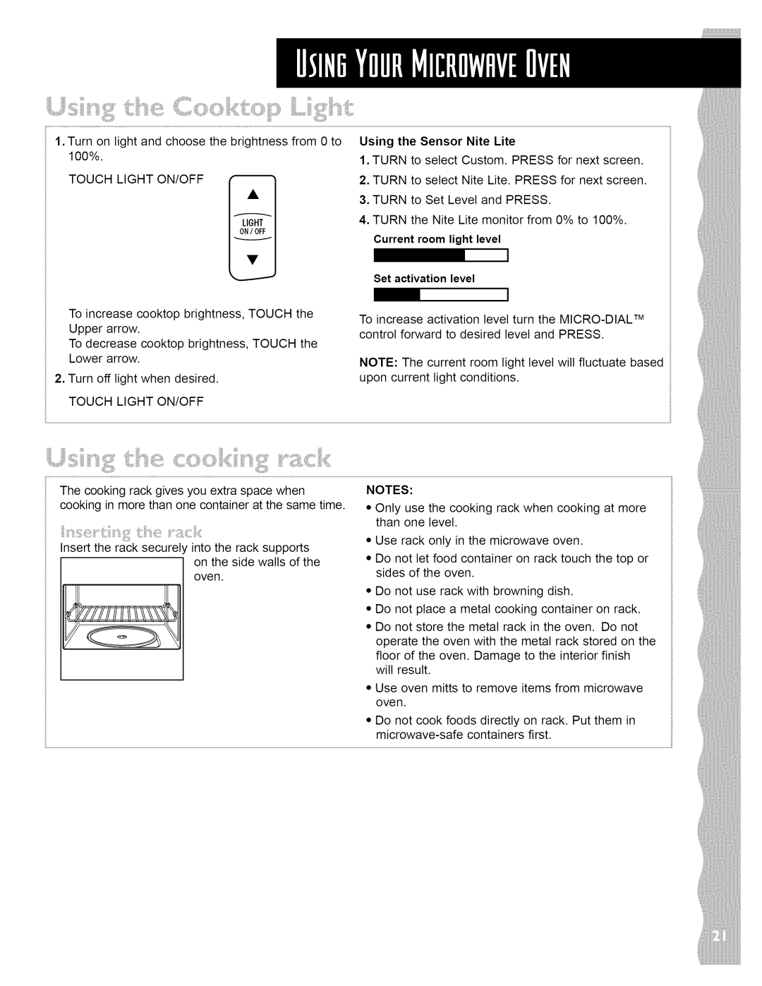 KitchenAid KHMS147H manual Nite Lite, Touch Light ON/OFF Turn, Set activation level 