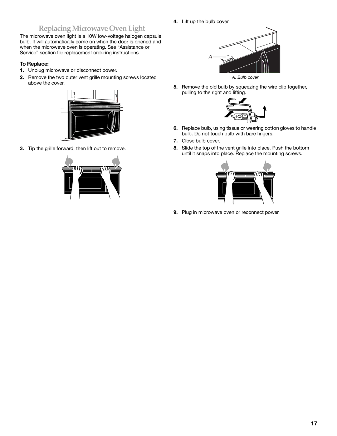 KitchenAid KHMS155L manual Replacing Microwave Oven Light 