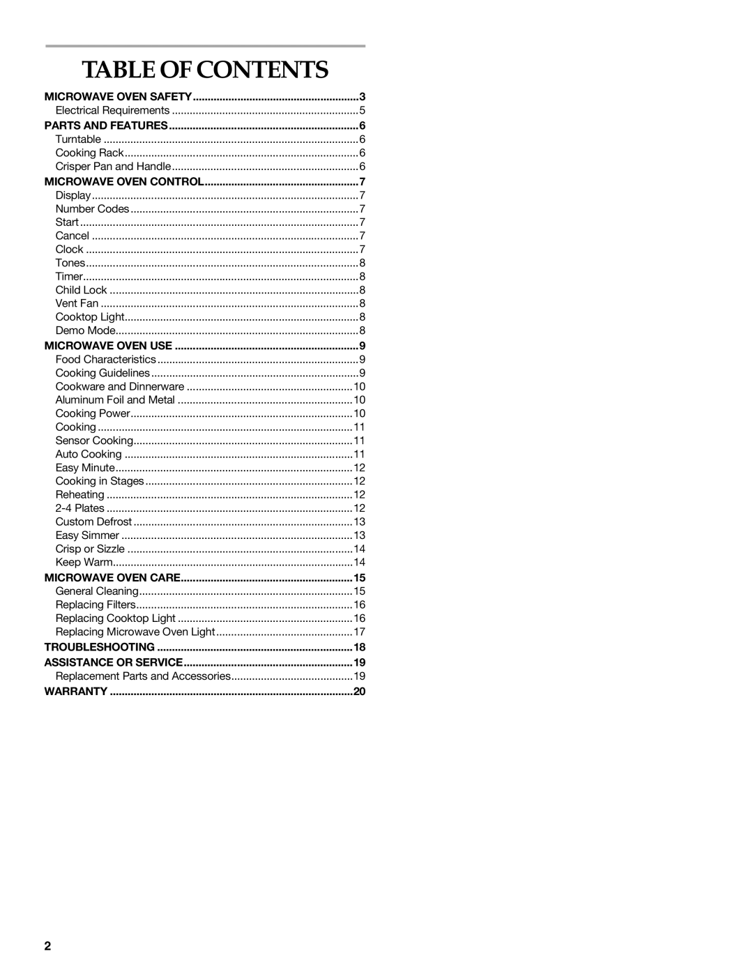 KitchenAid KHMS155L manual Table of Contents 