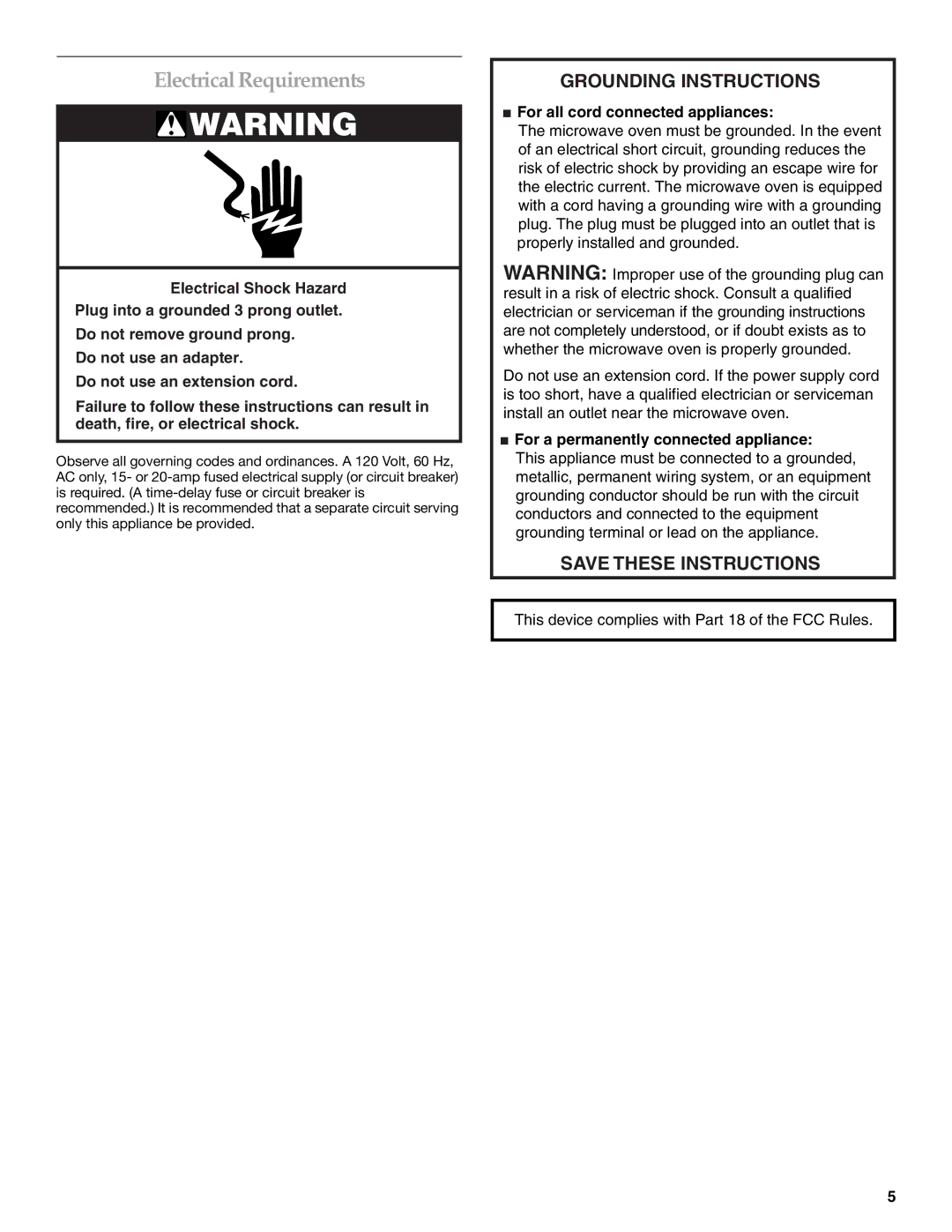 KitchenAid KHMS155L manual Electrical Requirements, Grounding Instructions 