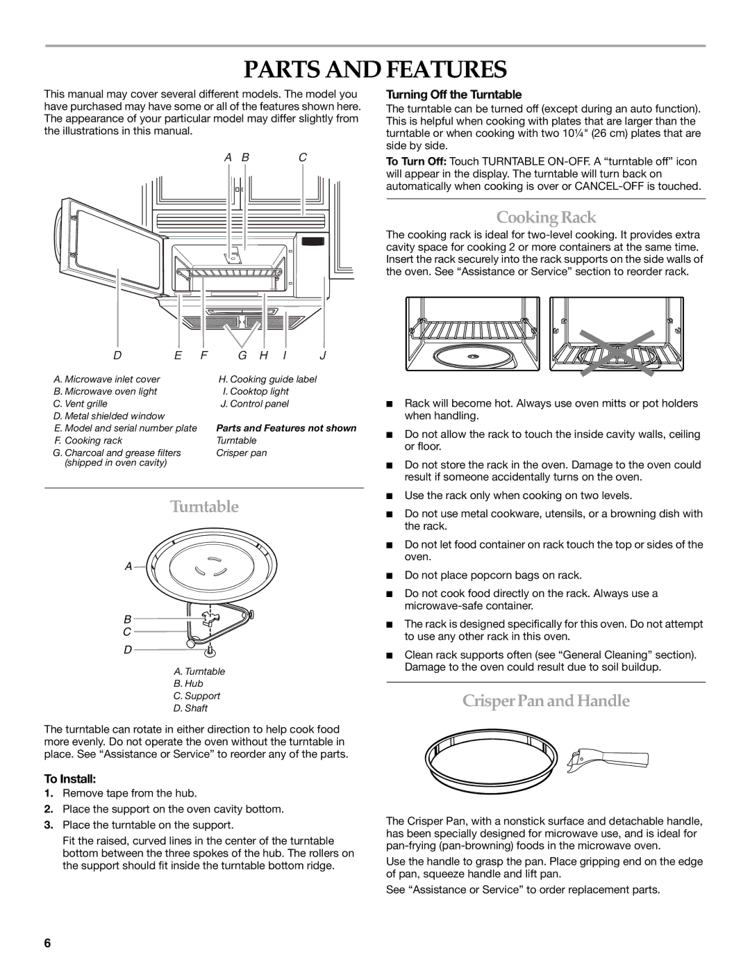 KitchenAid KHMS155L manual Parts and Features, Cooking Rack, Turntable, Crisper Pan and Handle 