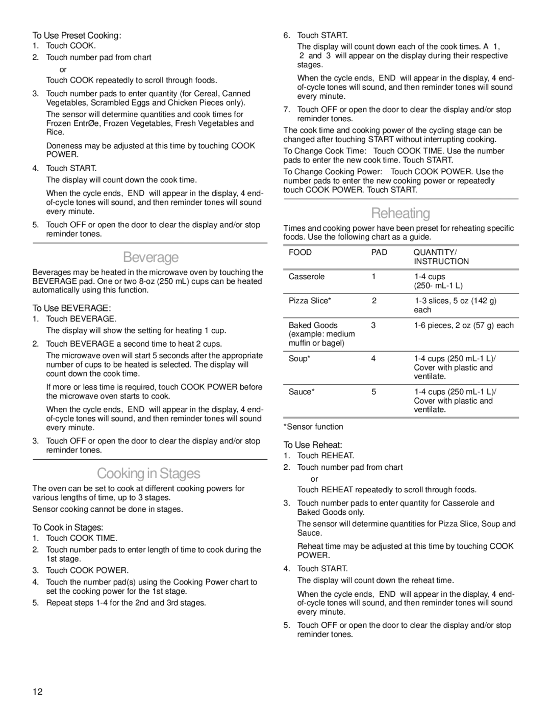 KitchenAid KHMS175M manual Beverage, Cooking in Stages, Reheating 