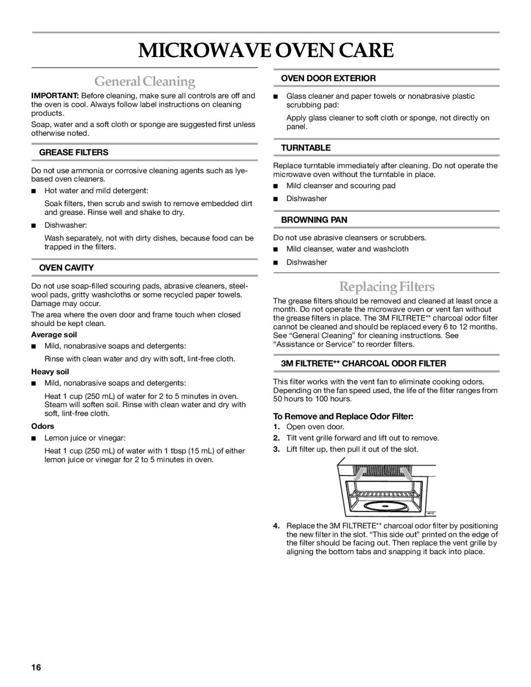 KitchenAid KHMS175M manual Microwave Oven Care, General Cleaning, Replacing Filters, To Remove and Replace Odor Filter 