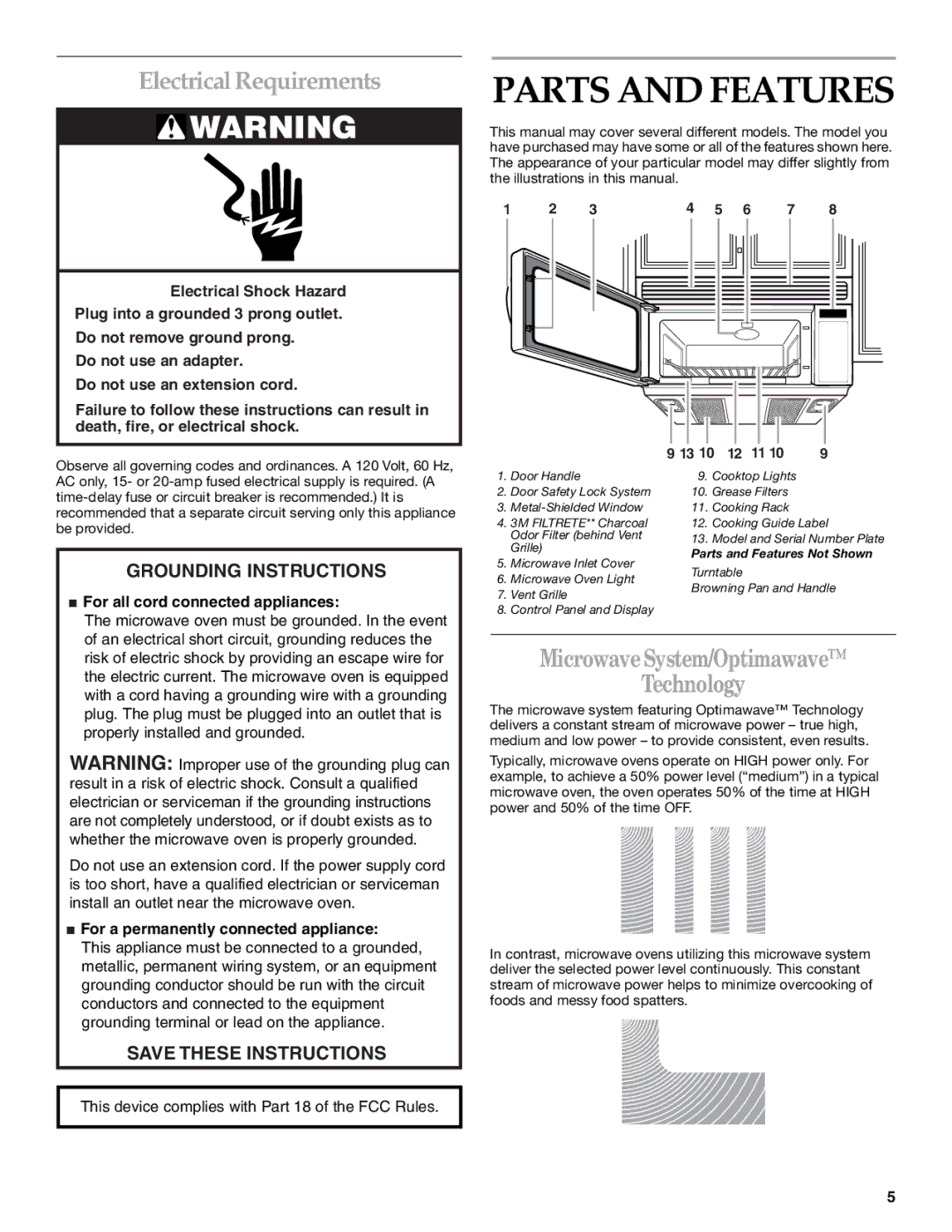 KitchenAid KHMS175M manual Parts and Features, Electrical Requirements, Microwave System/Optimawave Technology 