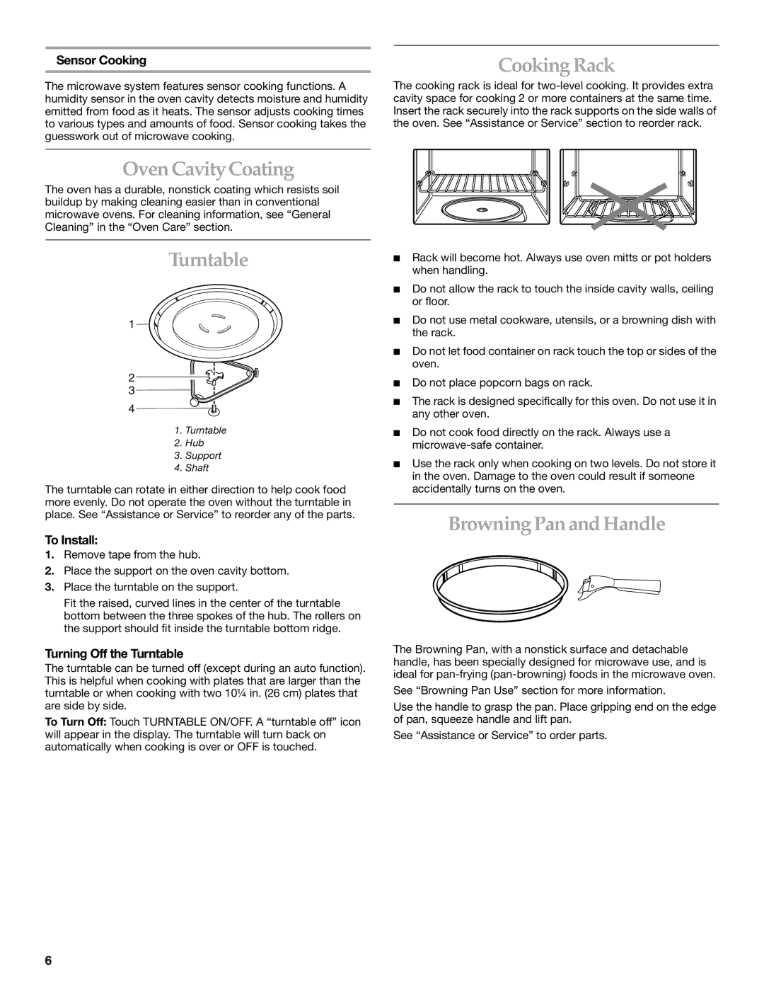 KitchenAid KHMS175M manual Cooking Rack, Oven Cavity Coating, Turntable, Browning Pan and Handle 