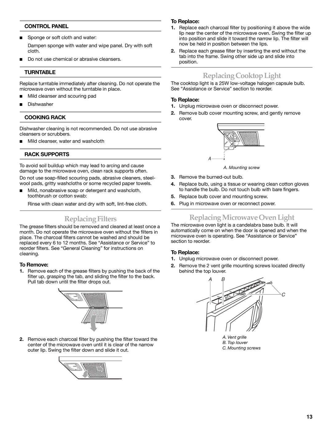 KitchenAid KHMS1850S manual Replacing Cooktop Light, Replacing Filters, Replacing Microwave Oven Light, To Replace 