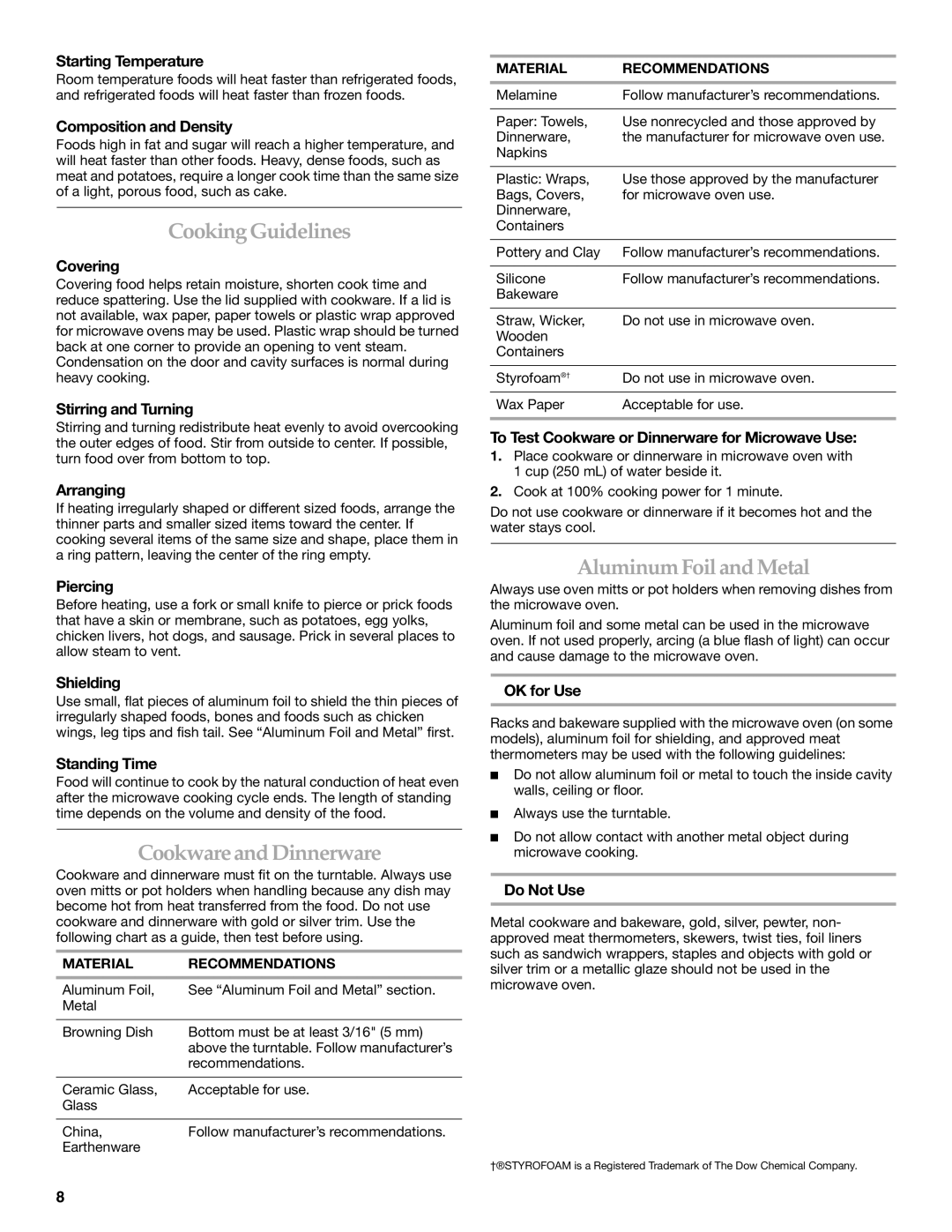 KitchenAid KHMS1850S manual Cooking Guidelines, Cookware and Dinnerware, Aluminum Foil and Metal 