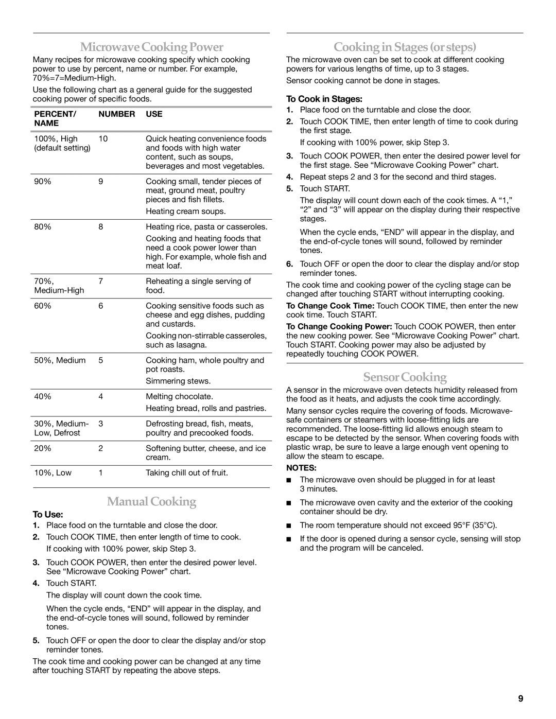 KitchenAid KHMS1850S manual Microwave Cooking Power, Manual Cooking, Cooking in Stages or steps, Sensor Cooking 