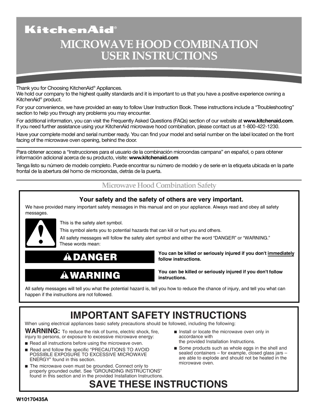 KitchenAid KHMS1850SBL important safety instructions Microwave Hood Combination Safety, W10170435A 