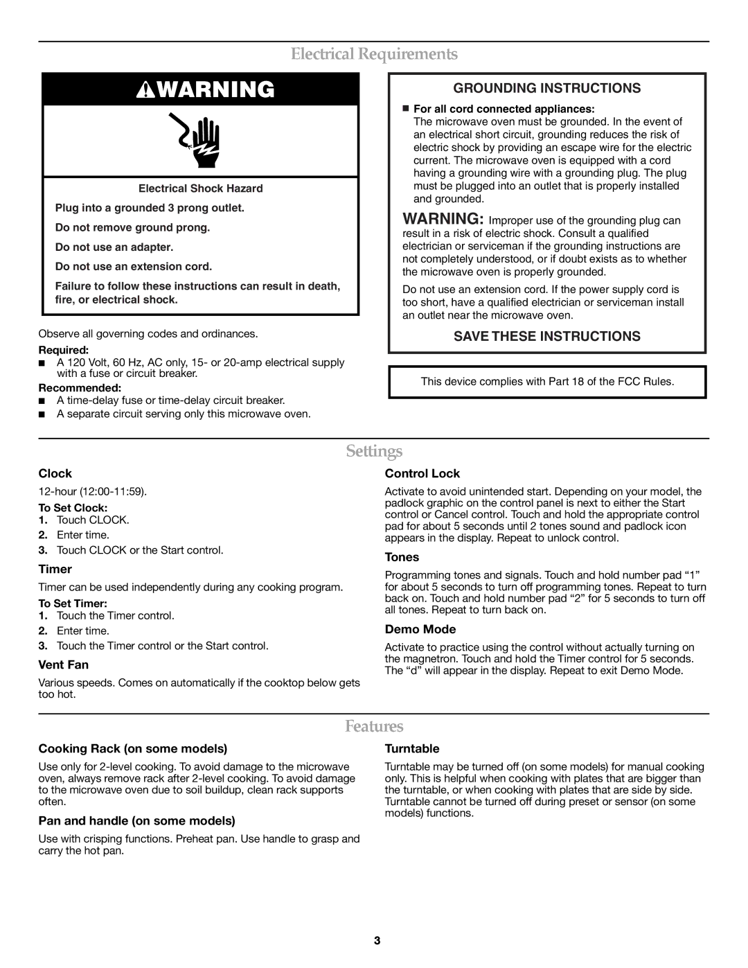 KitchenAid KHMS1850SBL important safety instructions Electrical Requirements, Settings, Features 