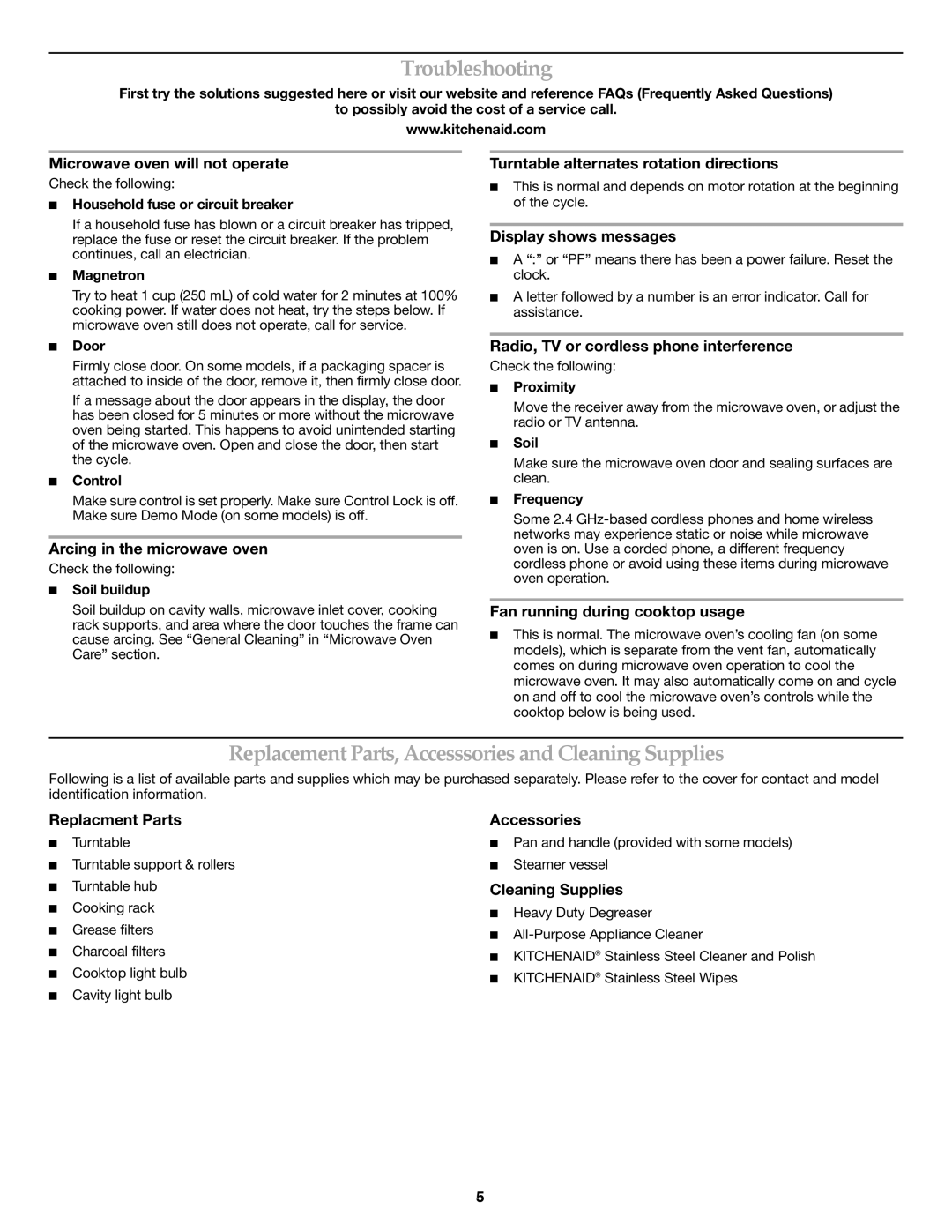 KitchenAid KHMS1850SBL important safety instructions Troubleshooting, Replacement Parts, Accesssories and Cleaning Supplies 