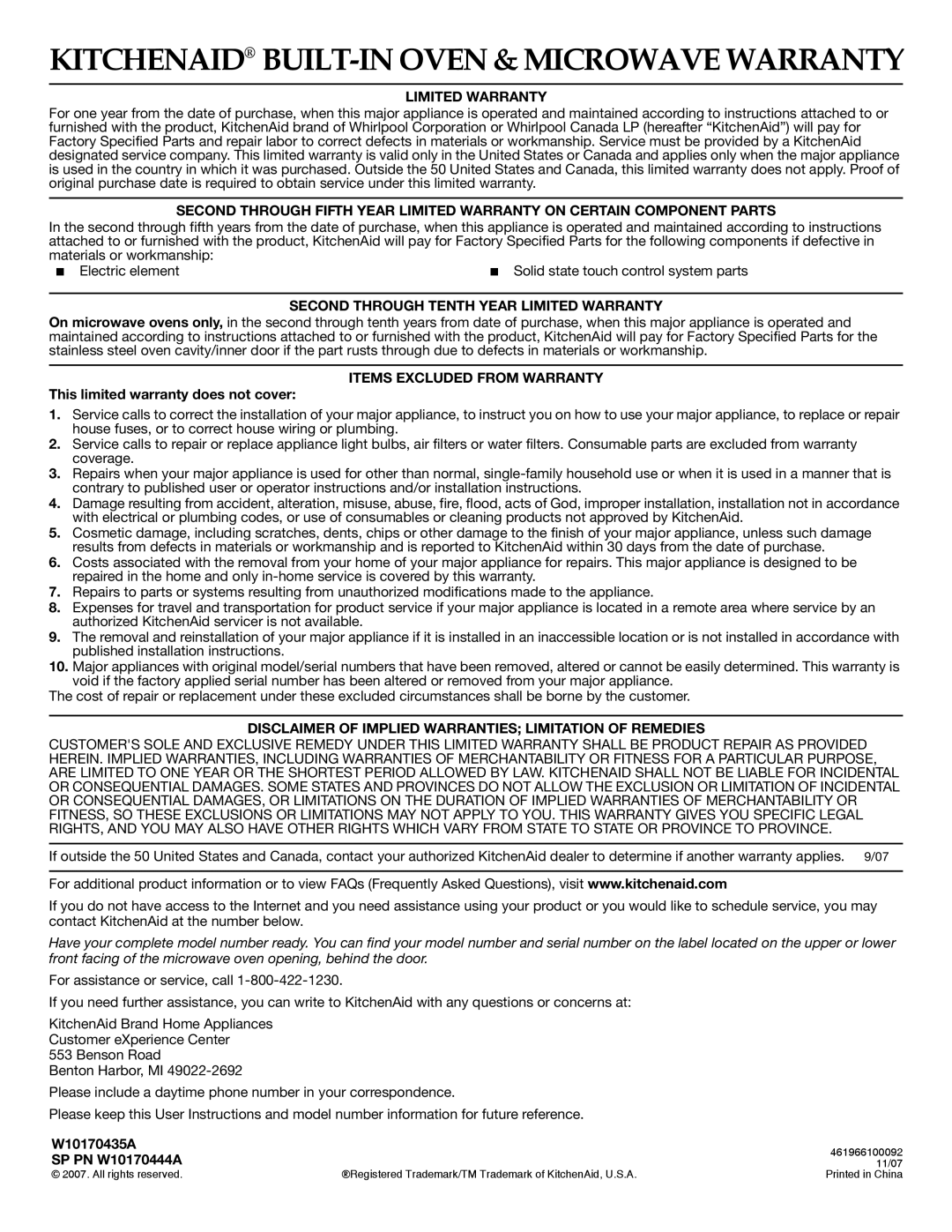 KitchenAid KHMS1850SBL important safety instructions This limited warranty does not cover, W10170435A, SP PN W10170444A 