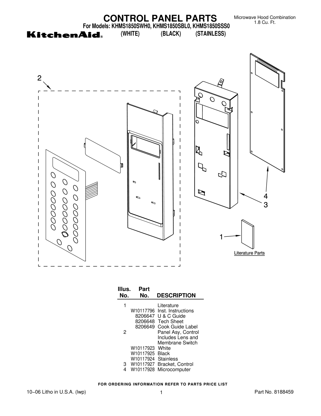 KitchenAid KHMS1850SBL0, KHMS1850SWH0 manual Control Panel Parts, Illus. Part No. No. Description 