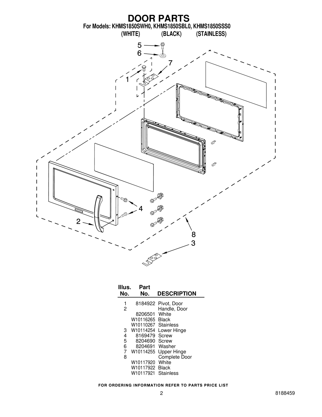 KitchenAid KHMS1850SWH0, KHMS1850SBL0 manual Door Parts, White Black Stainless 