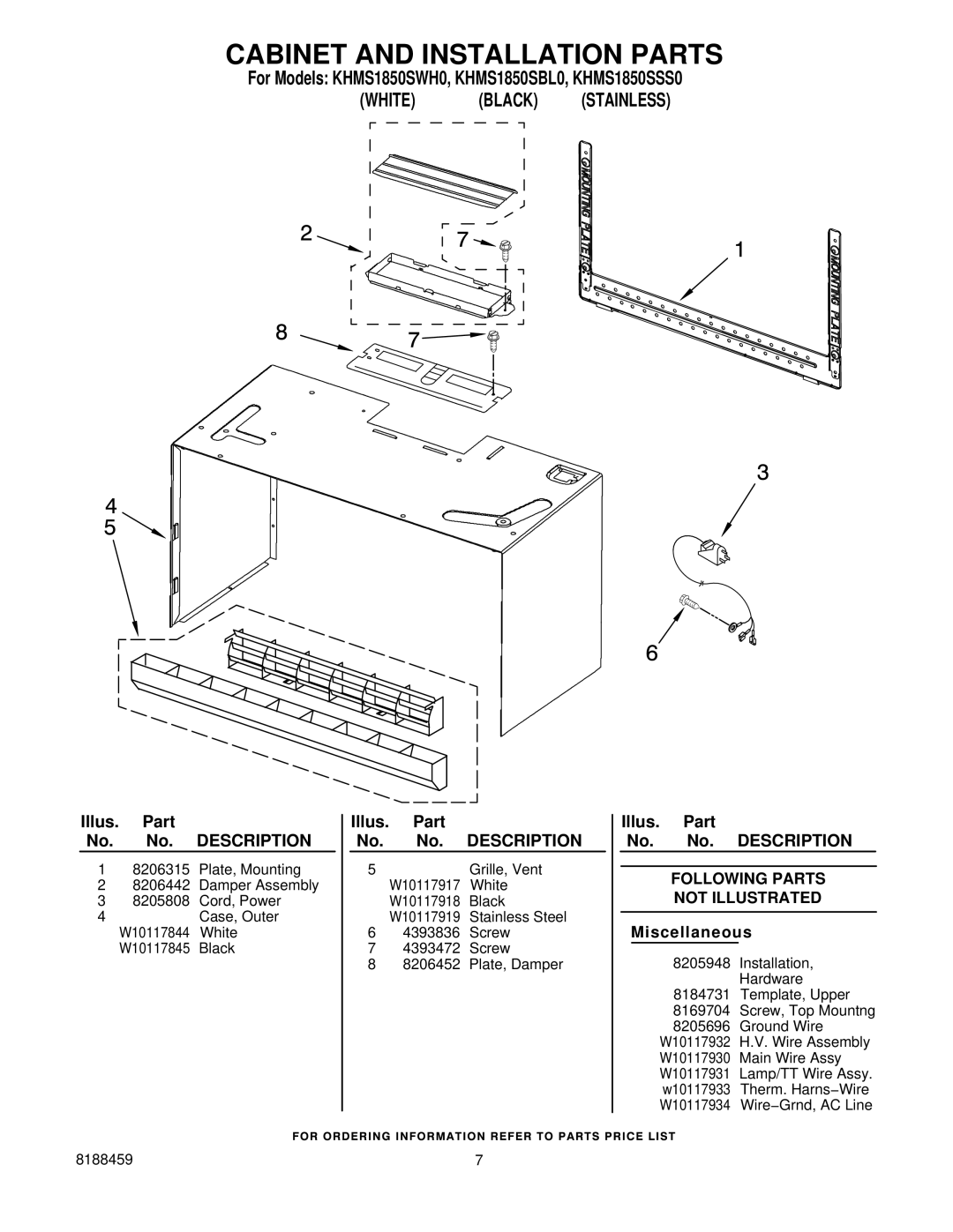 KitchenAid KHMS1850SBL0, KHMS1850SWH0 manual Cabinet and Installation Parts, Following Parts Not Illustrated, Miscellaneous 