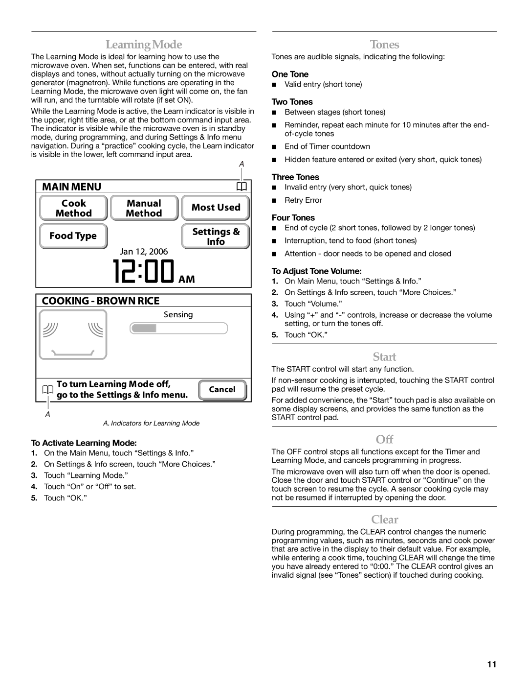 KitchenAid KHMS2056S manual LearningMode, Tones, Start, Off, Clear 