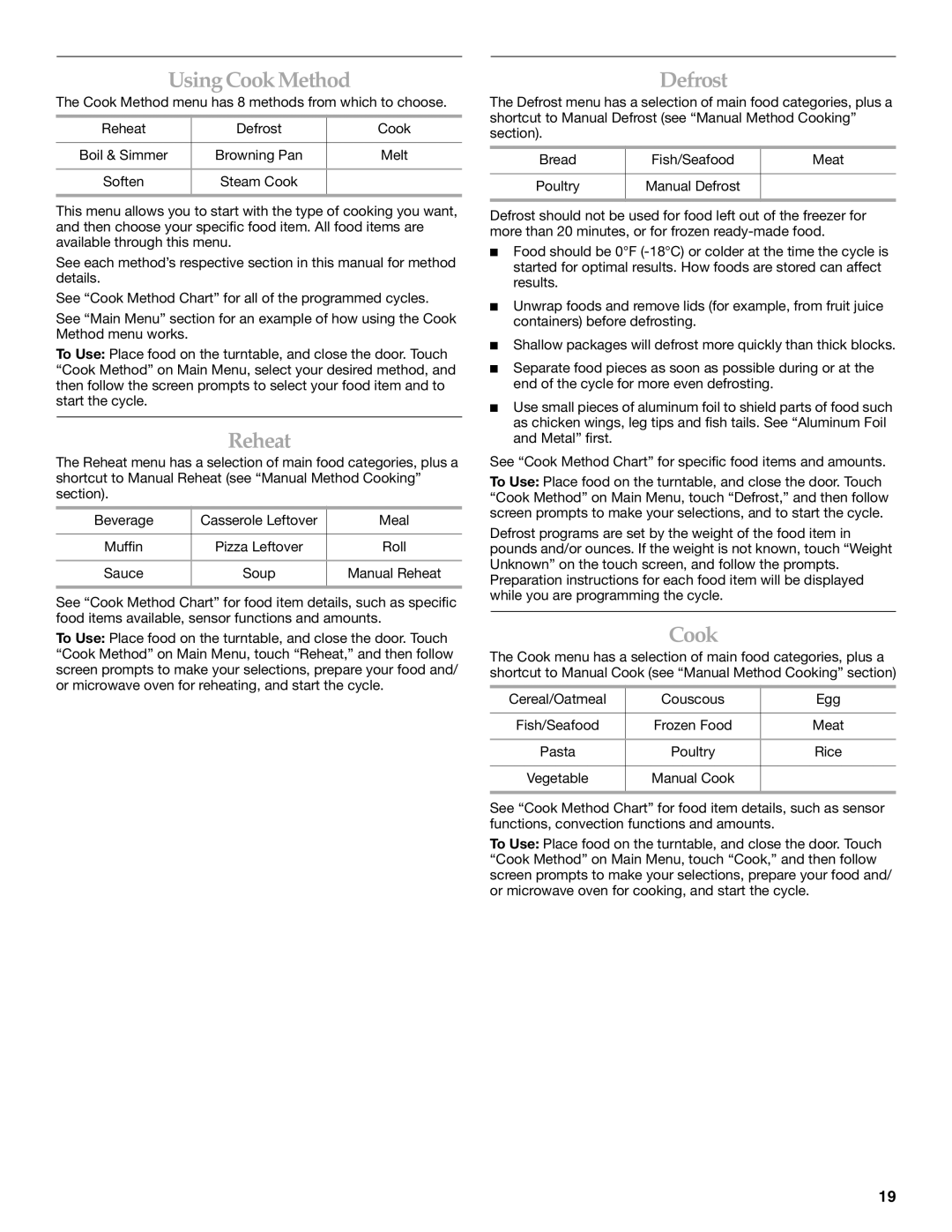 KitchenAid KHMS2056S manual Using Cook Method, Reheat, Defrost 