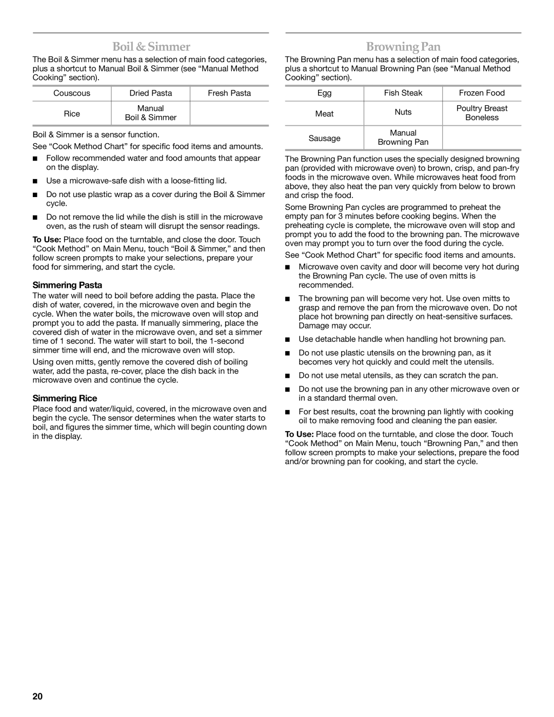 KitchenAid KHMS2056S manual Boil & Simmer, BrowningPan, Simmering Pasta, Simmering Rice 