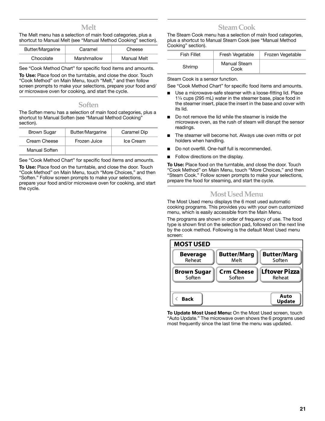 KitchenAid KHMS2056S manual Melt, Soften, SteamCook, MostUsed Menu 