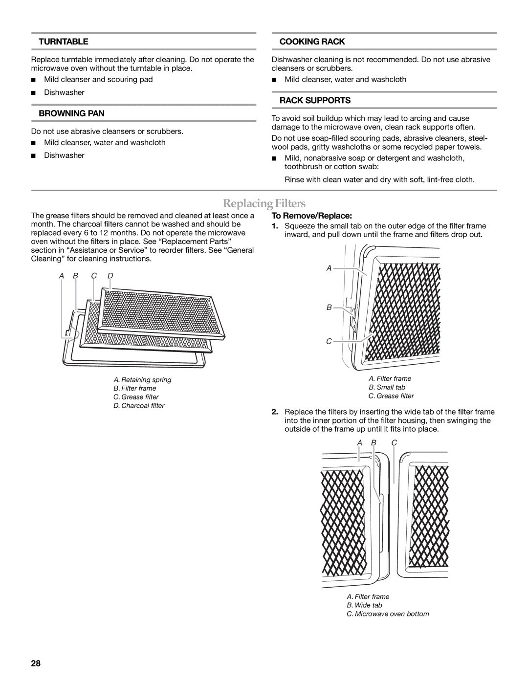 KitchenAid KHMS2056S manual Replacing Filters, Turntable, Cooking Rack, Rack Supports, To Remove/Replace 