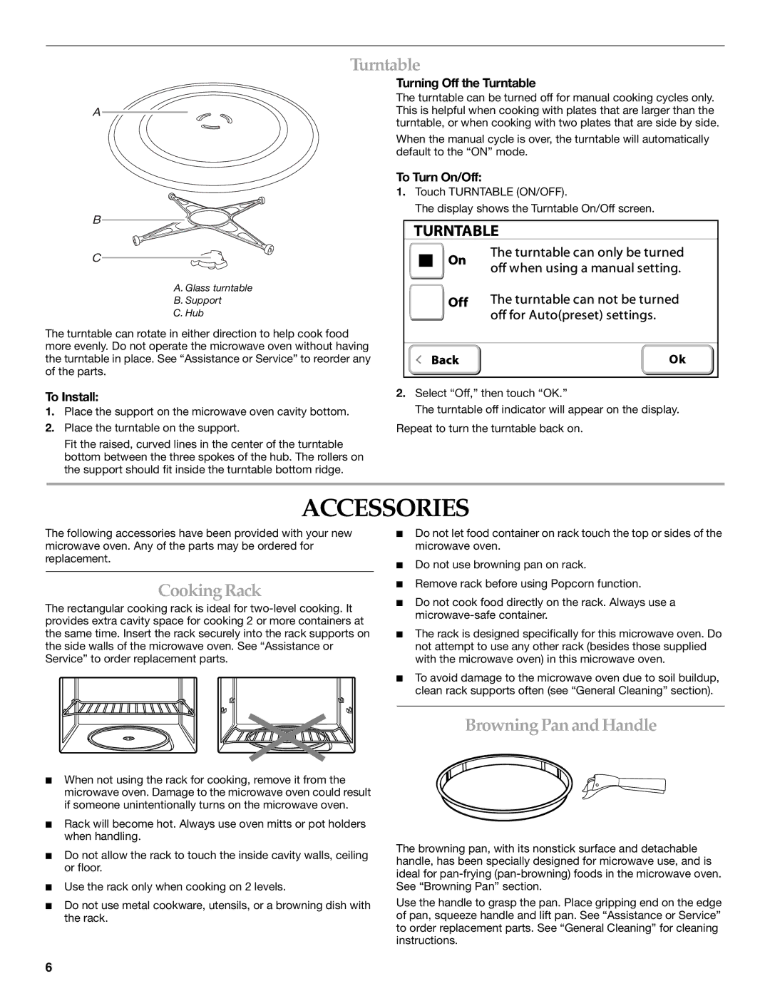 KitchenAid KHMS2056S manual Accessories, Turntable, Cooking Rack, Browning Pan and Handle 