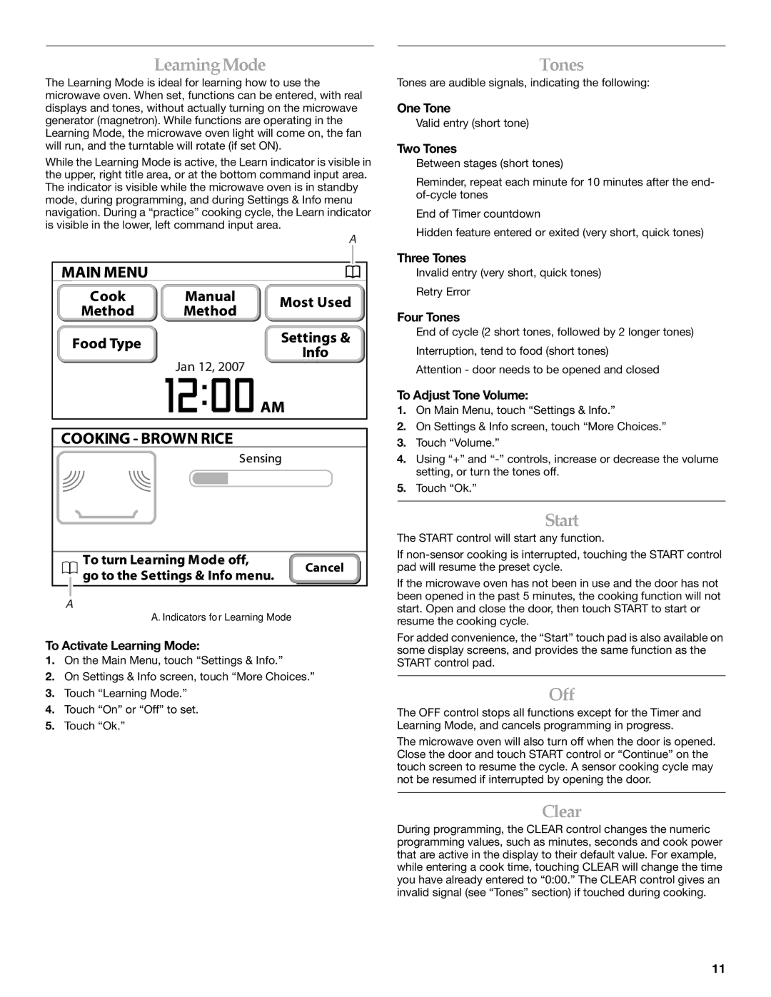 KitchenAid KHMS2056SBL manual LearningMode, Tones, Start, Off, Clear 