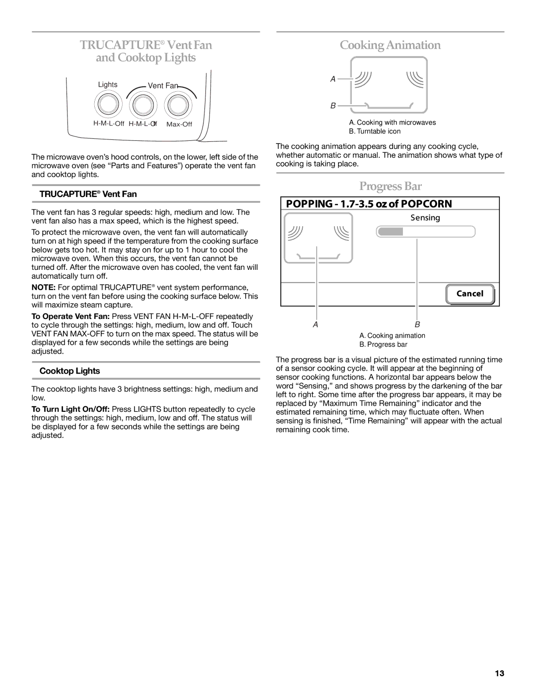 KitchenAid KHMS2056SBL manual Trucapture VentFan AndCooktopLights, CookingAnimation, ProgressBar, Trucapture Vent Fan 