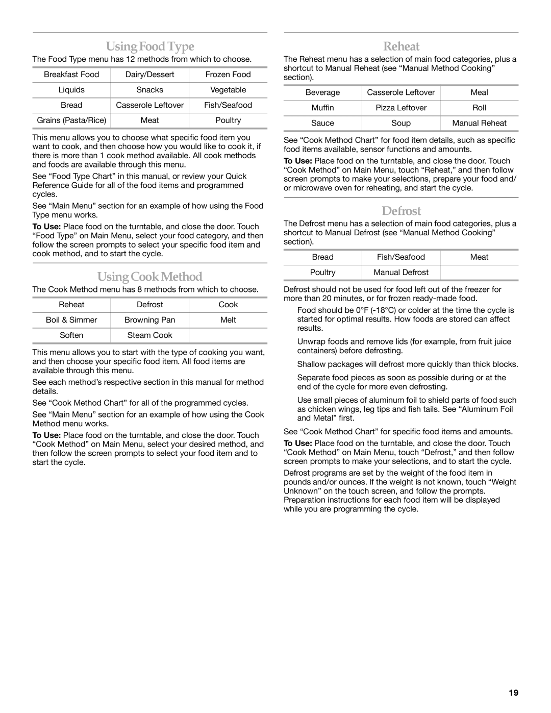 KitchenAid KHMS2056SBL manual UsingFoodType, UsingCookMethod, Reheat, Defrost 