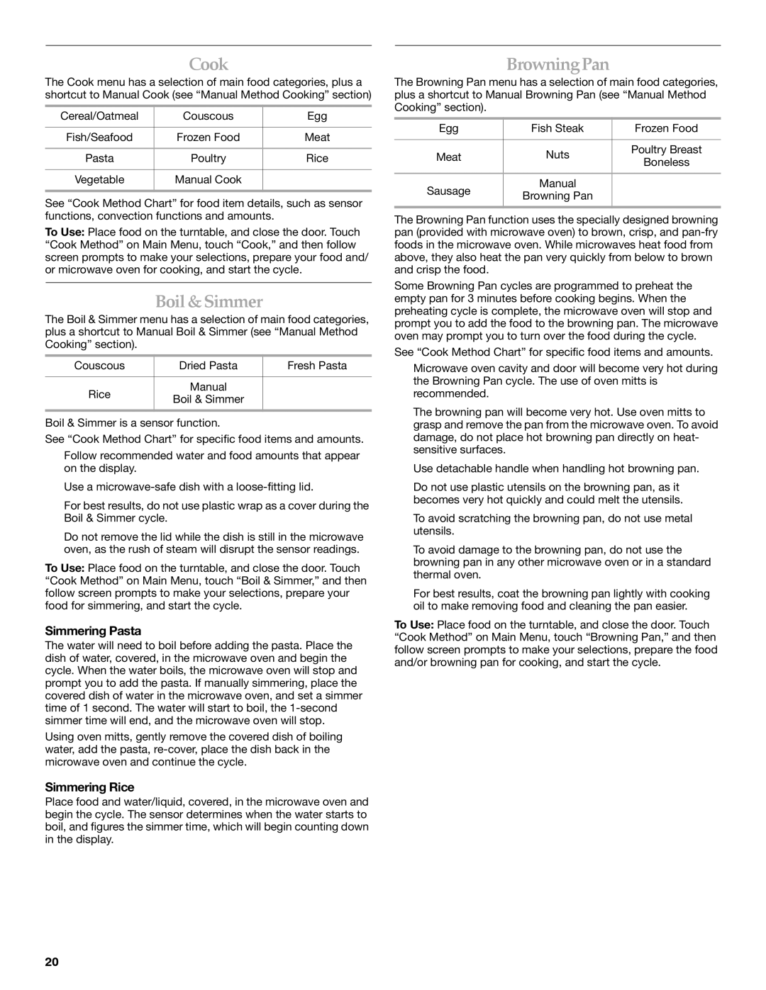 KitchenAid KHMS2056SBL manual Cook, Boil&Simmer, BrowningPan, Simmering Pasta, Simmering Rice 