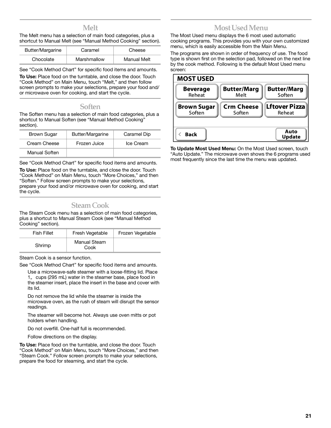 KitchenAid KHMS2056SBL manual Melt, Soften, SteamCook, MostUsedMenu 