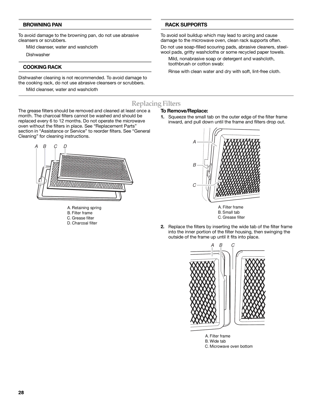 KitchenAid KHMS2056SBL manual ReplacingFilters, Cooking Rack, Rack Supports, To Remove/Replace 