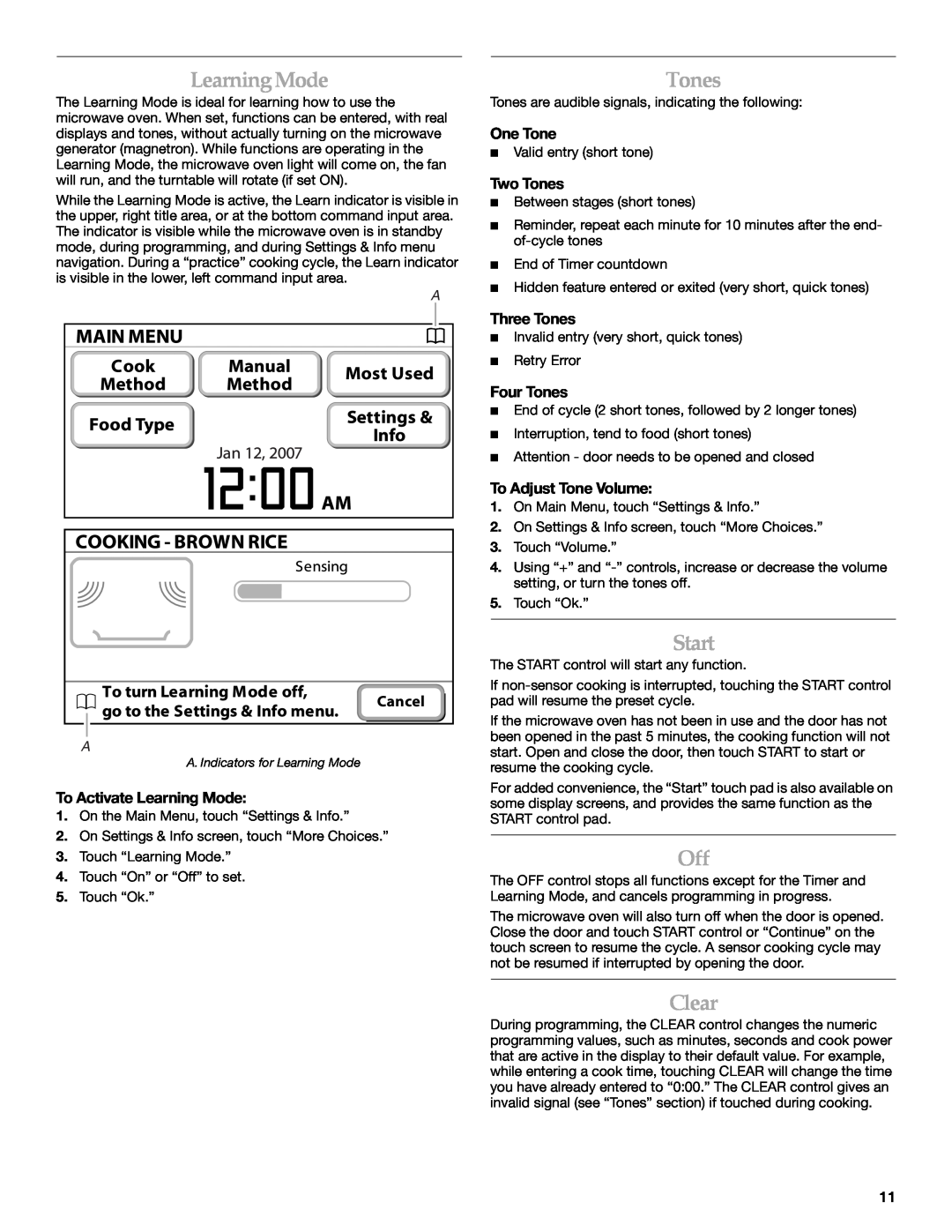 KitchenAid KHMS2056SBL manual LearningMode, Start, Clear, To Activate Learning Mode, One Tone, Two Tones, Three Tones 