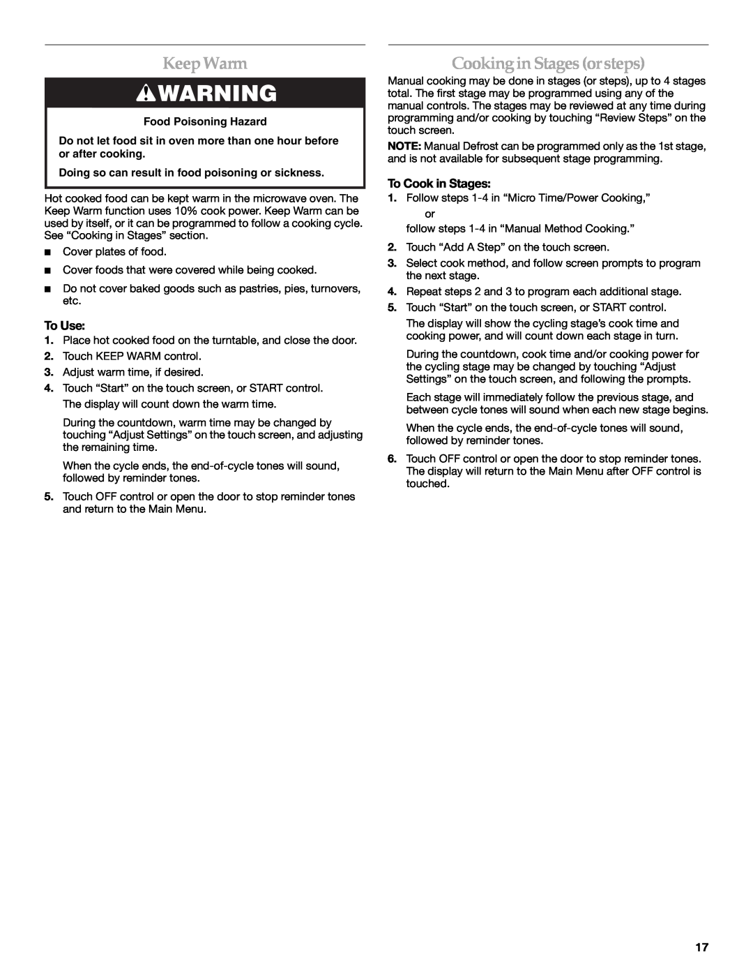 KitchenAid KHMS2056SBL manual KeepWarm, CookinginStagesorsteps, Food Poisoning Hazard 