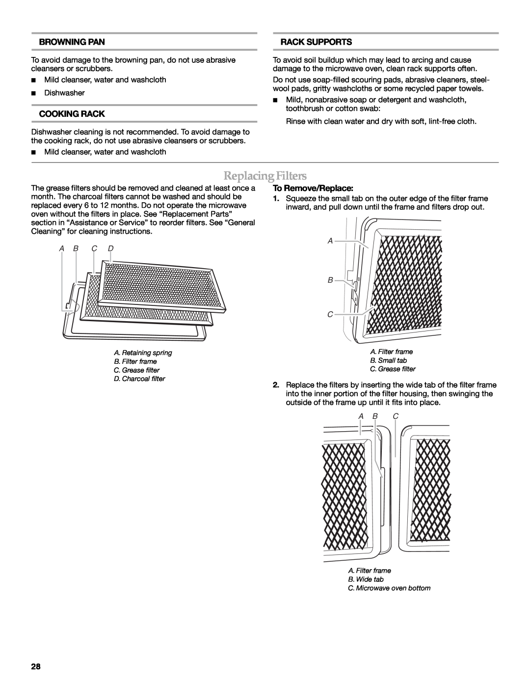 KitchenAid KHMS2056SBL manual ReplacingFilters, A B C D, A. Retaining spring B. Filter frame 