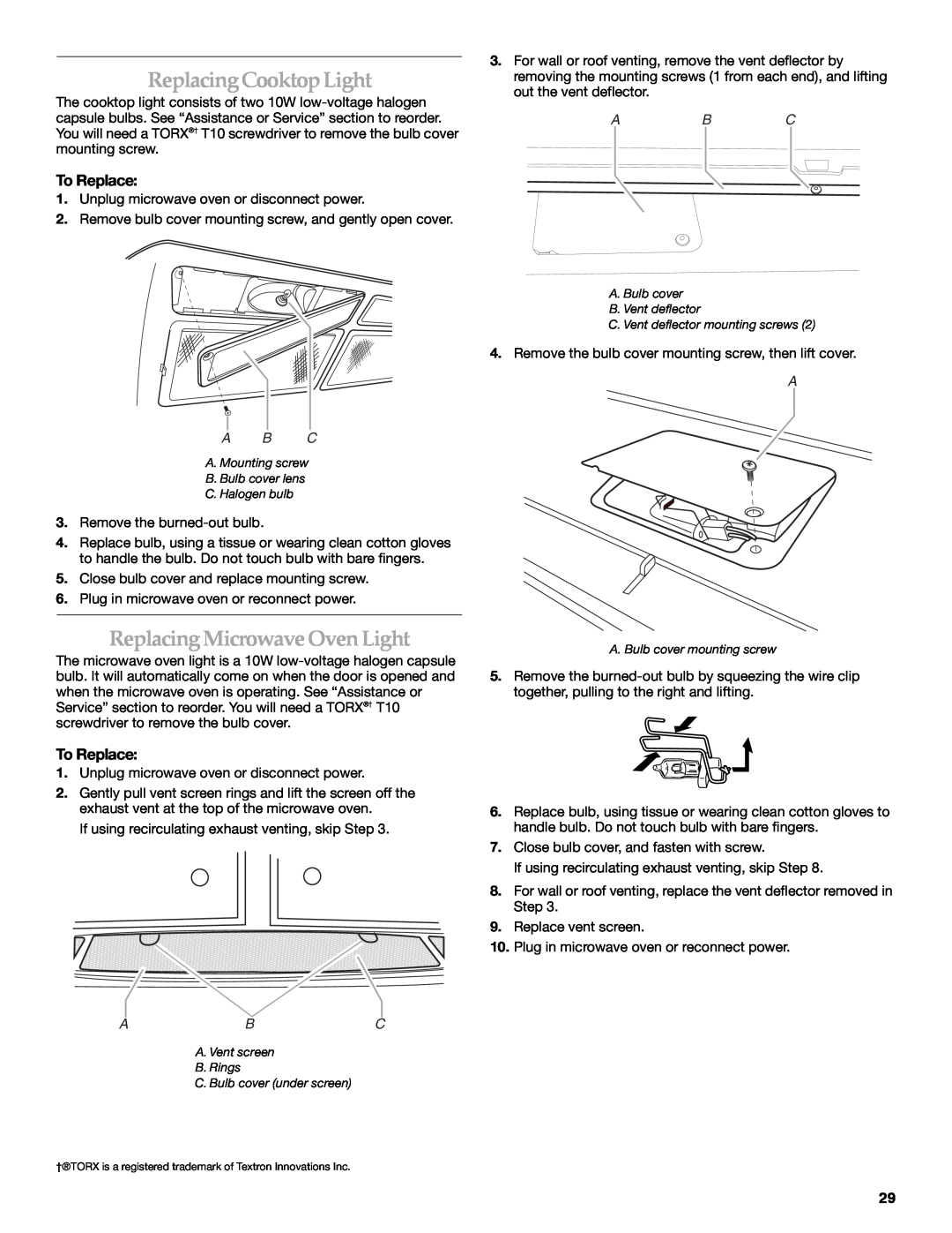 KitchenAid KHMS2056SBL manual ReplacingCooktopLight, ReplacingMicrowaveOvenLight, A B C, A. Bulb cover mounting screw 