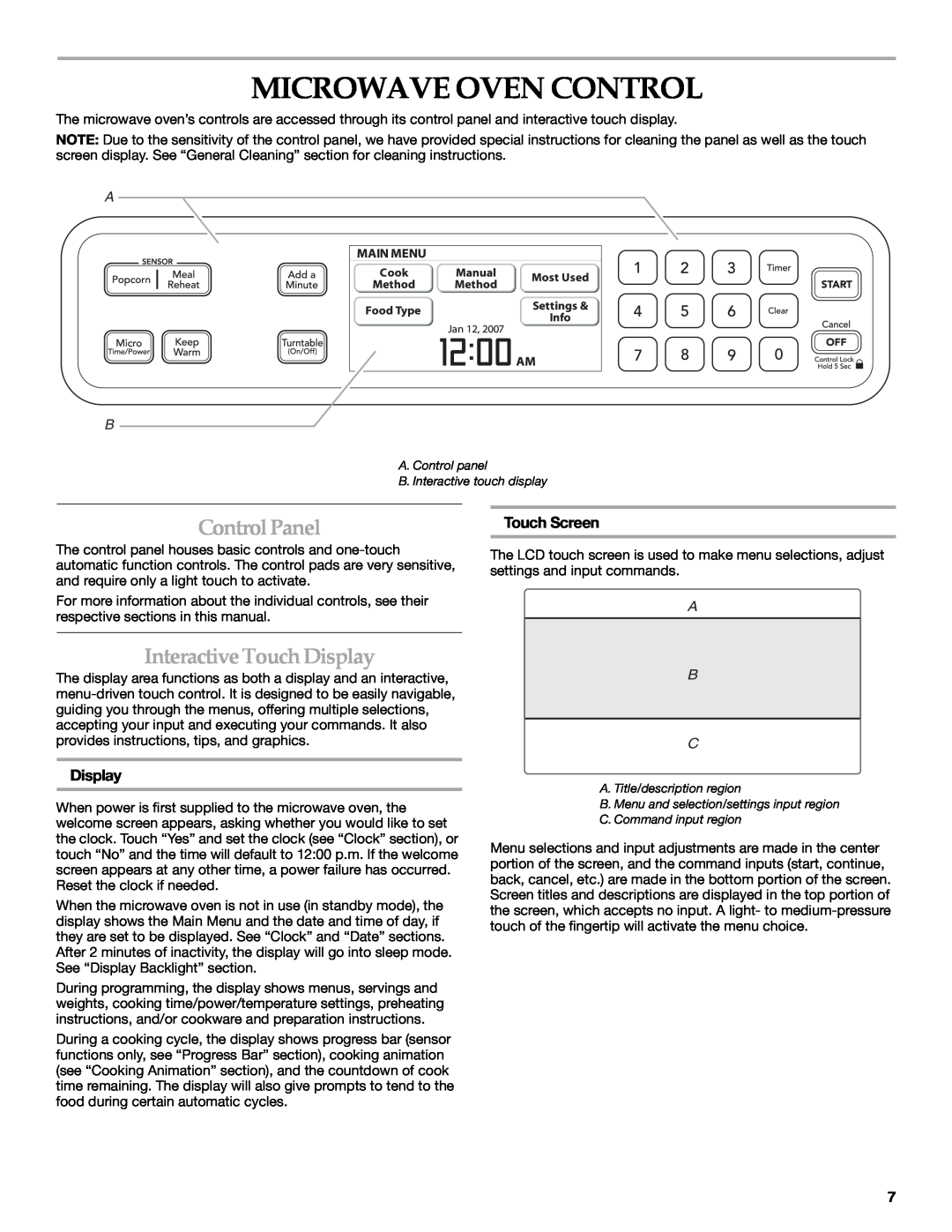 KitchenAid KHMS2056SBL manual Microwave Oven Control, ControlPanel, InteractiveTouchDisplay, A B C 