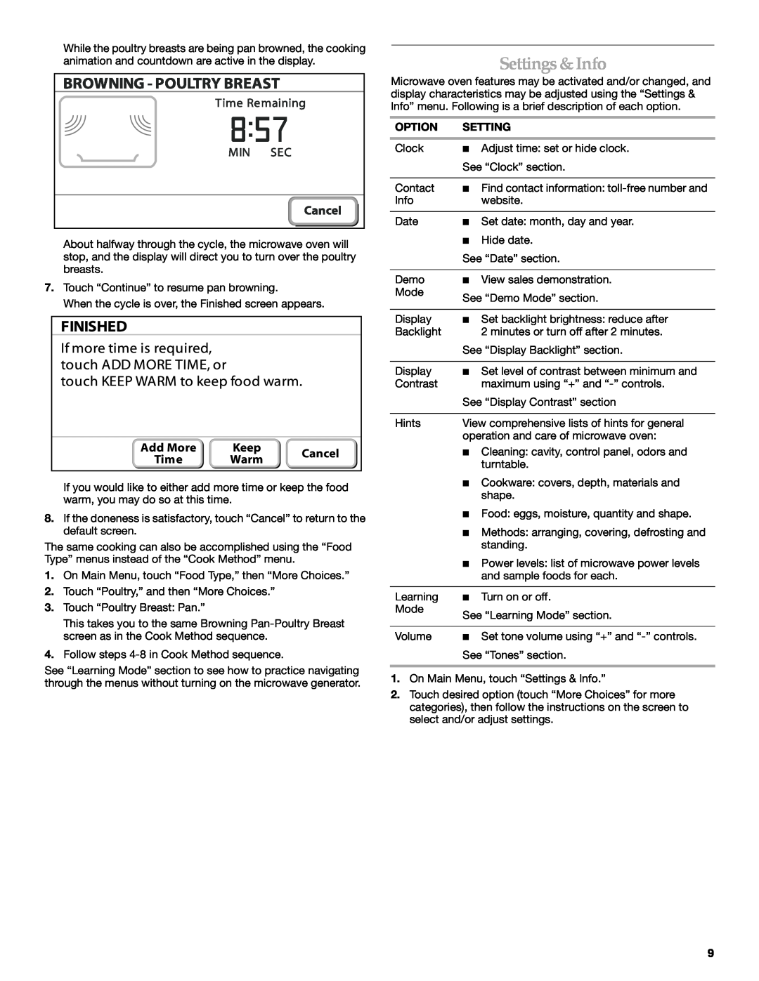 KitchenAid KHMS2056SBL manual Settings&Info, Option 