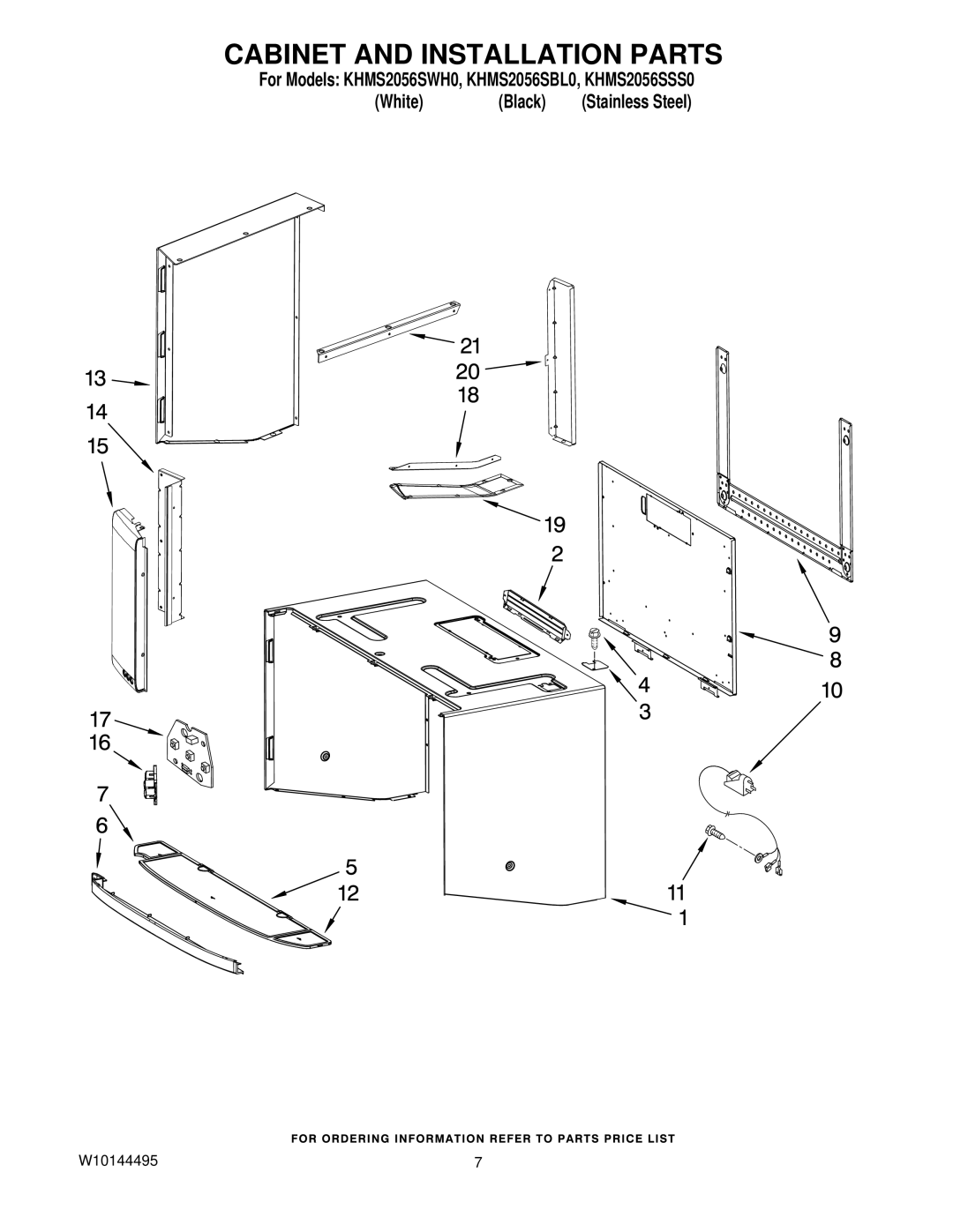 KitchenAid KHMS2056SSS0, KHMS2056SWH0, KHMS2056SBL0 manual Cabinet and Installation Parts 