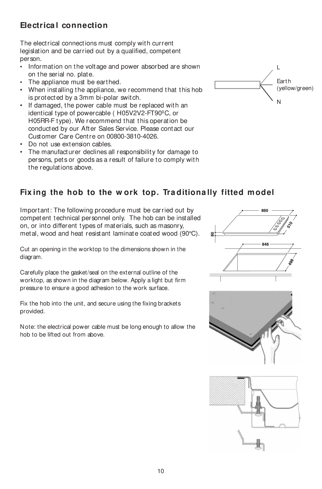 KitchenAid KHPF 9010, KHPS 9010 manual Electrical connection, Fixing the hob to the work top. Traditionally fitted model 