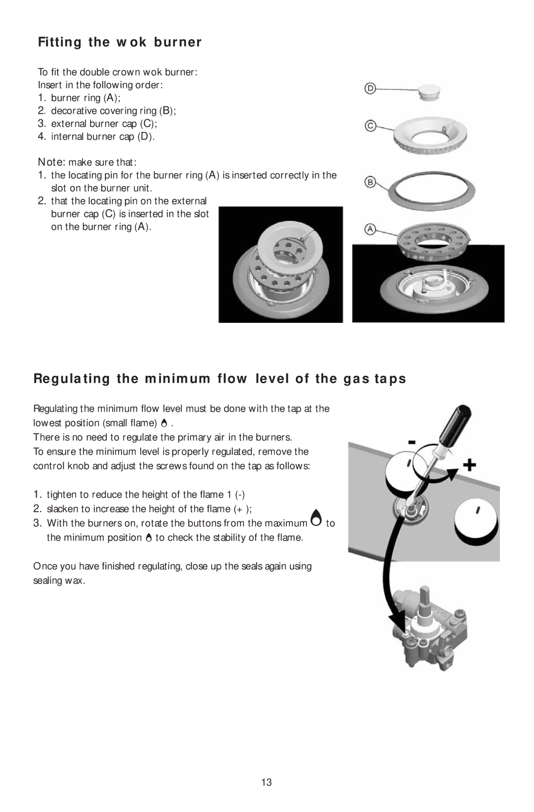 KitchenAid KHPS 9010, KHPF 9010 manual Fitting the wok burner, Regulating the minimum flow level of the gas taps 